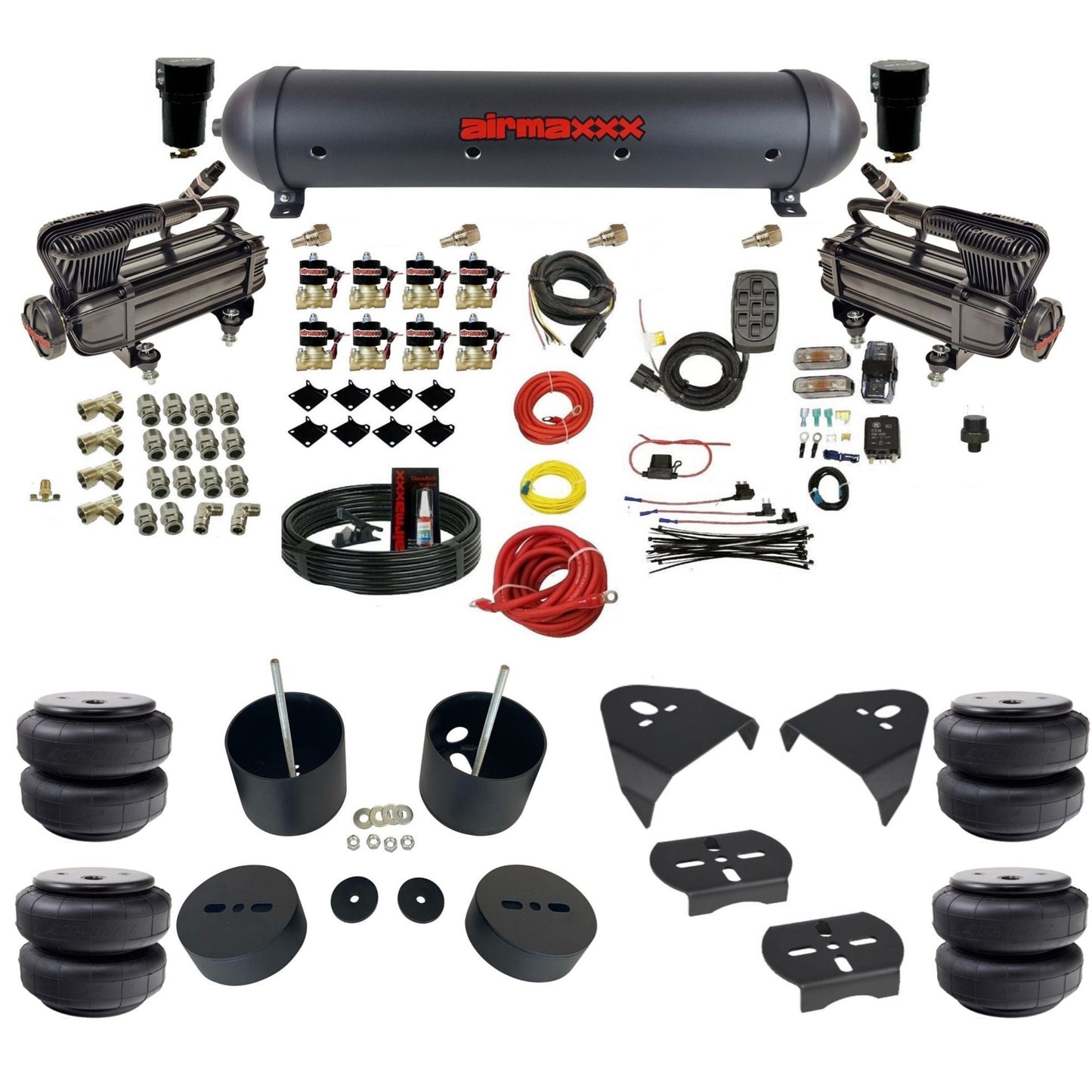 airmaxxx X-series black dual air compressors black aluminum tank Air Lift bags & brackets for 1988 1998 c15 chevy air suspension kit KGM88-XB2-838-59ABK-7BK-WK-HFD26