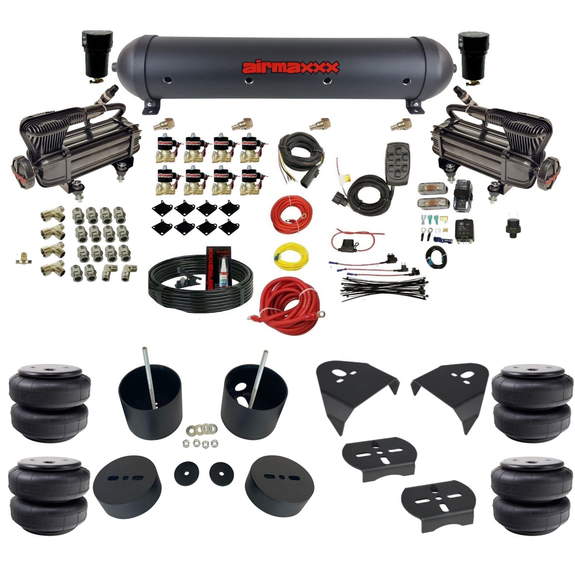 airmaxxx X-series black dual air compressors black aluminum tank Air Lift bags & brackets for 1988 1998 c15 chevy air suspension kit KGM88-XB2-838-59ABK-7BK-WK-HFD26