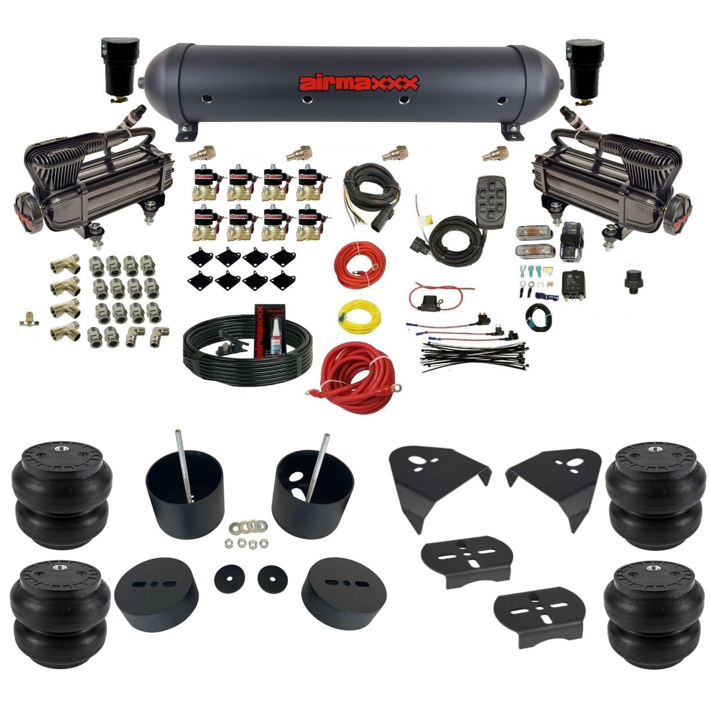airmaxxx X-series black dual air compressors black aluminum tank Slam bags & brackets for 1988 1998 c15 chevy air suspension kit KGM88-XB2-838-59ABK-7BK-WK-HFSS7