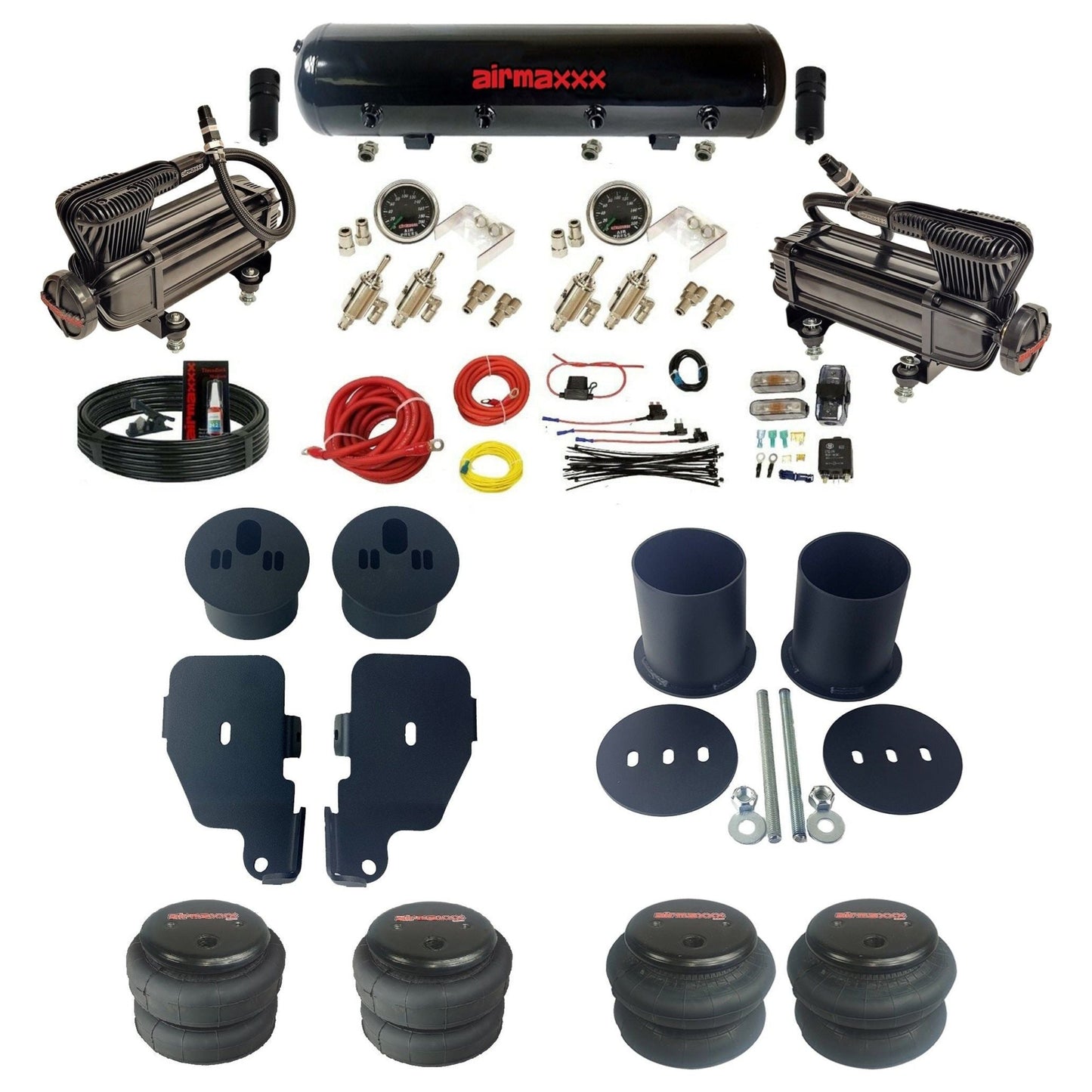 airmaxxx X-series black steel air tank 2 toggle switches 2600 air bags & brackets fits 1965-70 Impala KIMP65-XB2-59-4TOG2GA2B-WK-HF