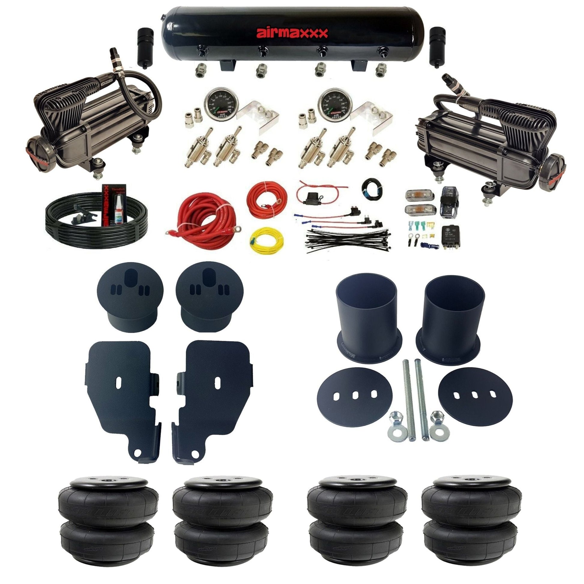 airmaxxx X-series black steel air tank 2 toggle switches Air Lift air bags & brackets fits 1965-70 Impala KIMP65-XB2-59-4TOG2GA2B-WK-HFD25