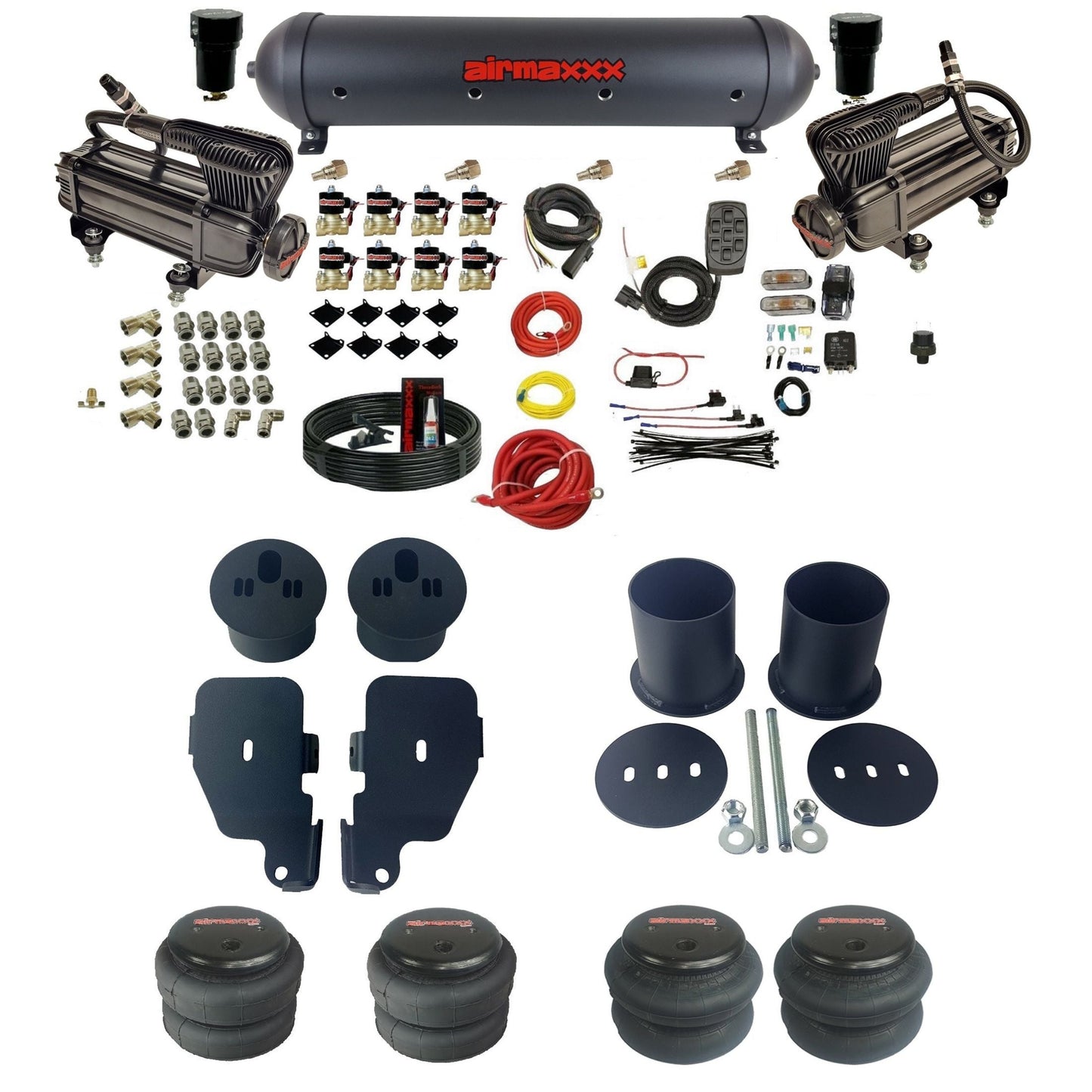 airmaxxx X-series compressors 2600 Fast Bags & black aluminum tank 3/8" air suspension kit Fits 1965-1970 Chevy Impala KIMP65-XB2-838-59ABK-7BK-WK-HF