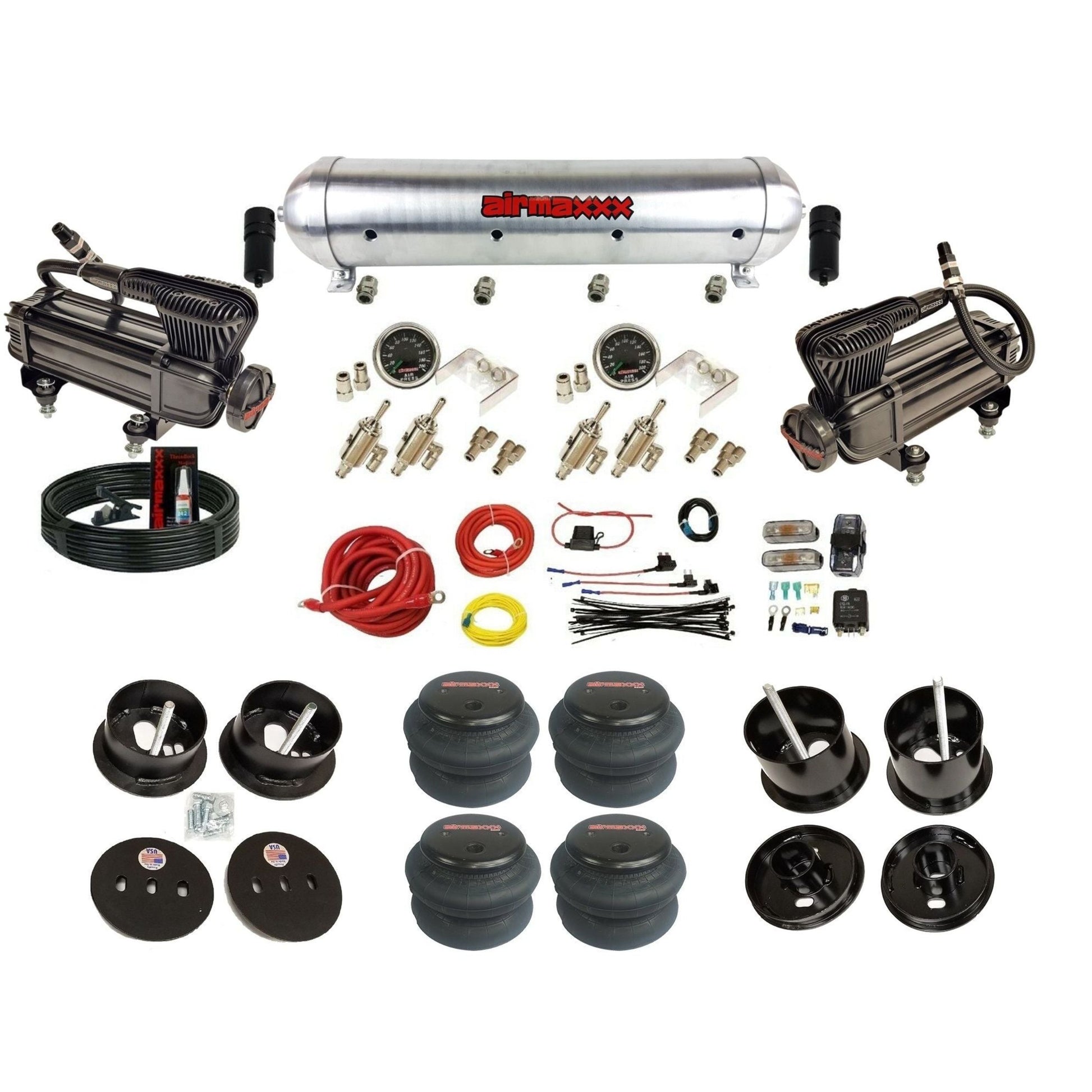 airmaxxx X-series compressors 3/8 manual air suspension kit w/raw aluminum tank & 2600 bags & brackets fits 1961 62 cadillac deville K-CAD6162-XB2-59ARW-4TOG2GA2B-WK-HF