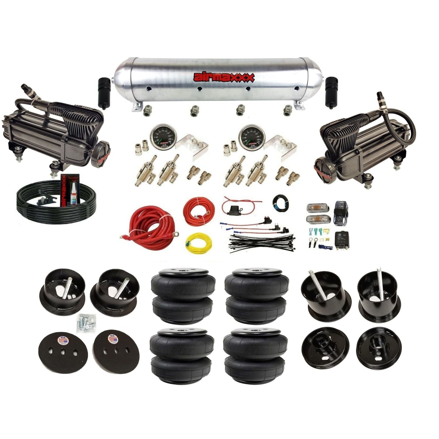 airmaxxx X-series compressors 3/8 manual air suspension kit w/raw aluminum tank & Air Lift bags & brackets fits 1961 62 cadillac deville K-CAD6162-XB2-59ARW-4TOG2GA2B-WK-HFD25