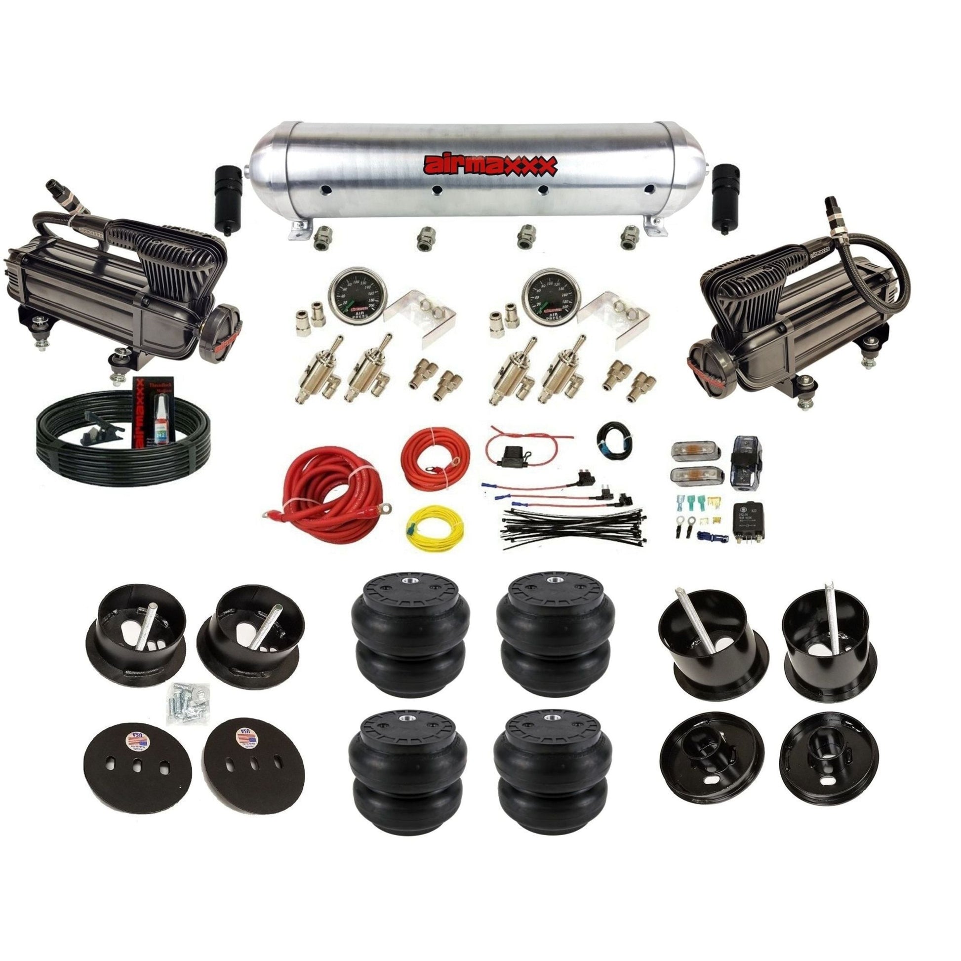 airmaxxx X-series compressors 3/8 manual air suspension kit w/raw aluminum tank & Slam bags & brackets fits 1961 62 cadillac deville K-CAD6162-XB2-59ARW-4TOG2GA2B-WK-HFSS7