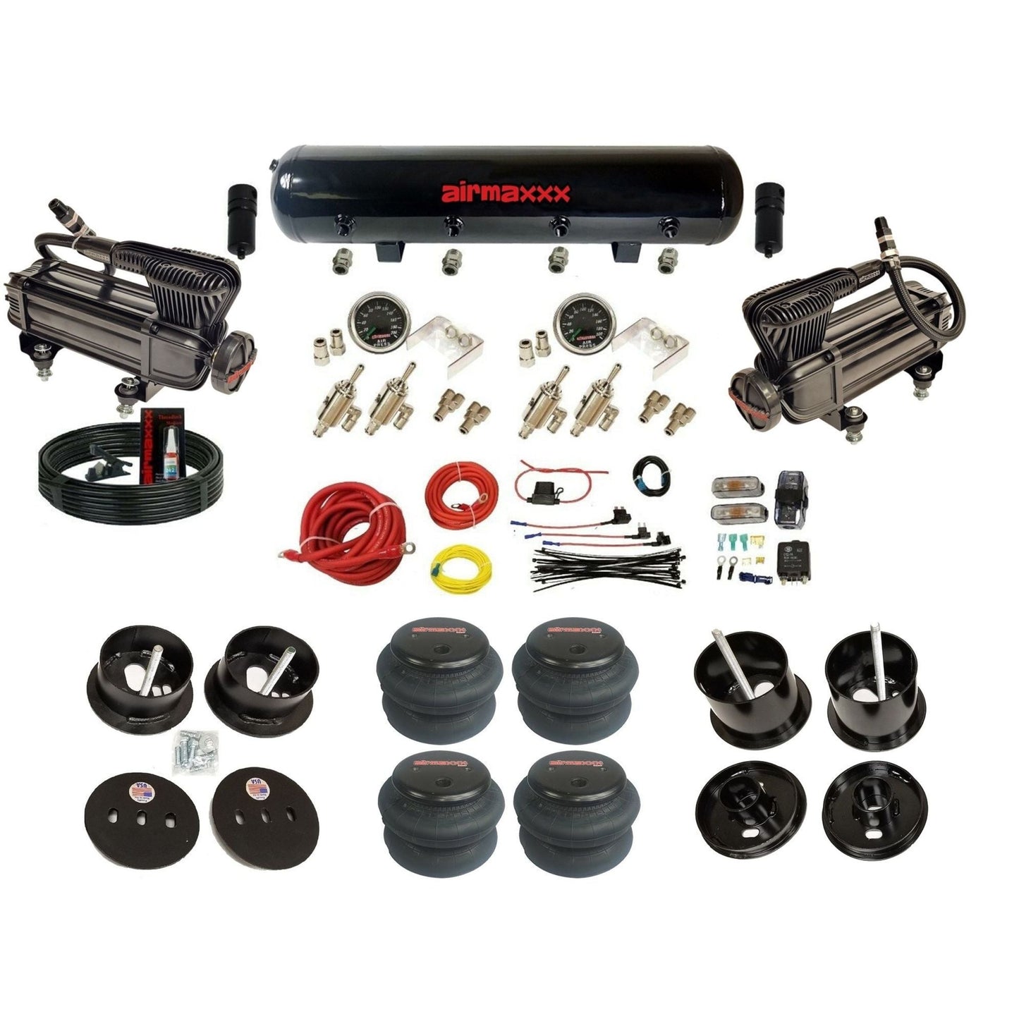 airmaxxx X-series compressors 3/8 manual air suspension kit w/steel tank & 2600 bags & brackets fits 1961 62 cadillac deville K-CAD6162-XB2-59S-4TOG2GA2B-WK-HF