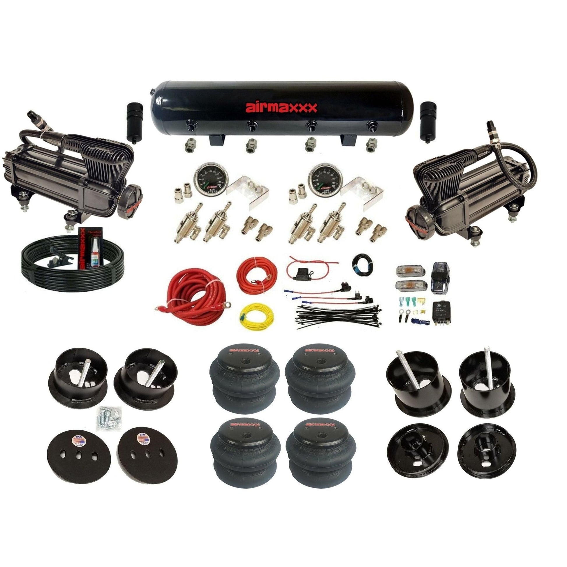 airmaxxx X-series compressors 3/8 manual air suspension kit w/steel tank & 2600 bags & brackets fits 1961 62 cadillac deville K-CAD6162-XB2-59S-4TOG2GA2B-WK-HF