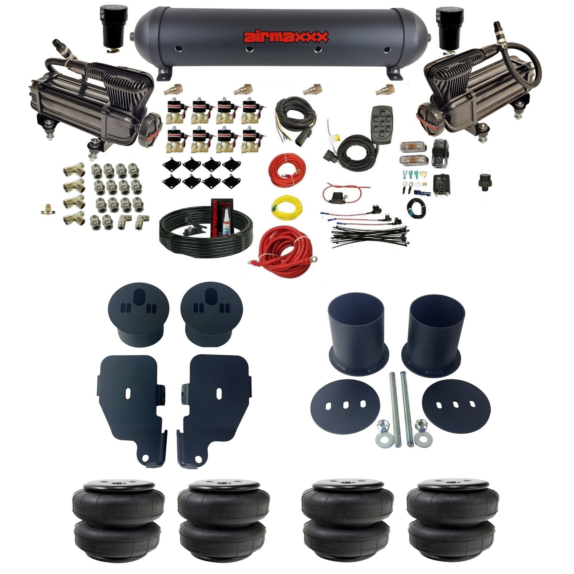 airmaxxx X-series compressors Air Lift Fast Bags & black aluminum tank 3/8" air suspension kit Fits 1965-1970 Chevy Impala KIMP65-XB2-838-59ABK-7BK-WK-HFD25