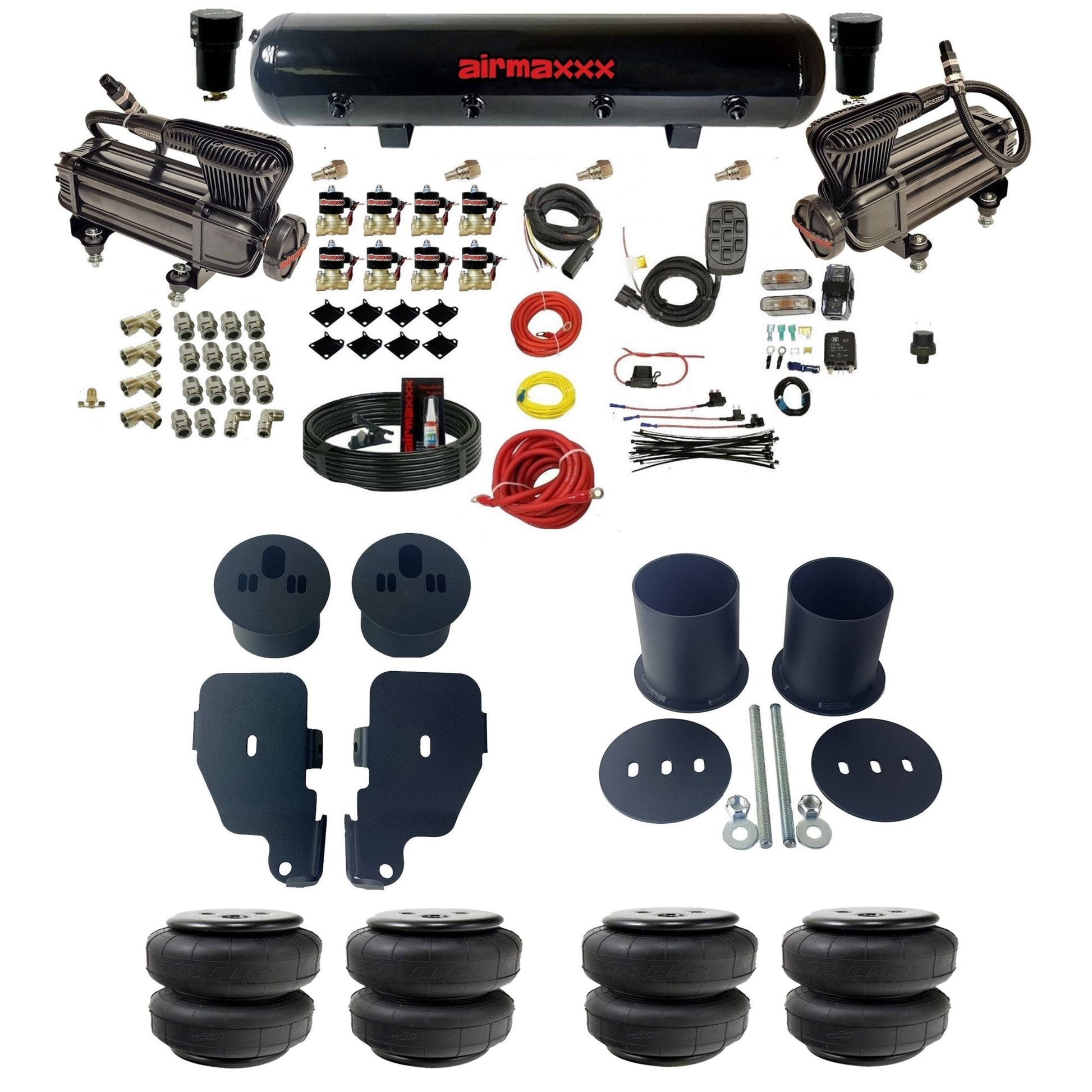 airmaxxx X-series compressors Air Lift Fast Bags & steel tank 3/8" air suspension kit Fits 1965-1970 Chevy Impala KIMP65-XB2-838-59-7BK-WK-HFD25