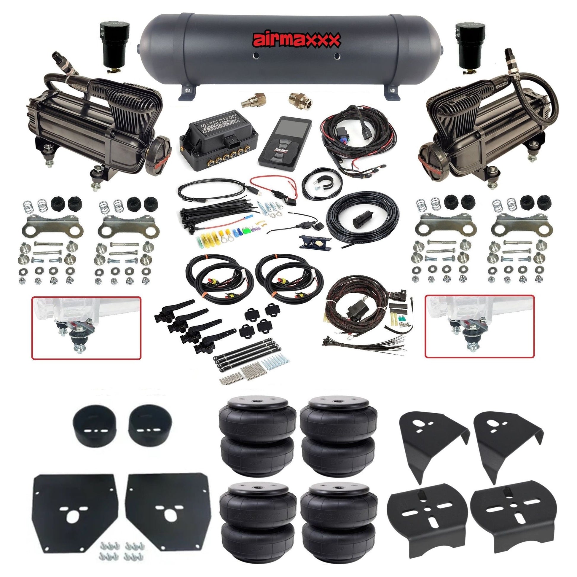 airmaxxx X-series compressors Airlift bags black aluminum tank & air lift 3h 27695 plug and play air ride kit fits 1973-87 c10 KC1073-XB2-57ABK-27695-WK-3P2D26