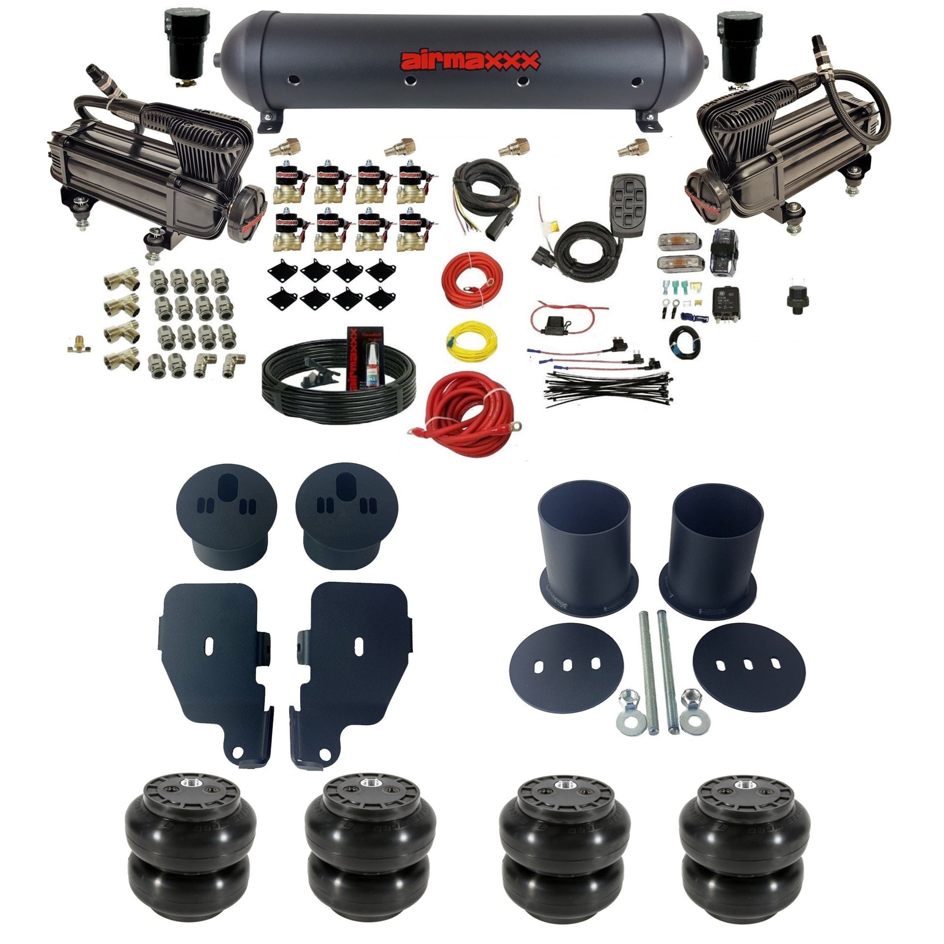 airmaxxx X-series compressors Slam Fast Bags & black aluminum tank 3/8" air suspension kit Fits 1965-1970 Chevy Impala KIMP65-XB2-838-59ABK-7BK-WK-HFSS6