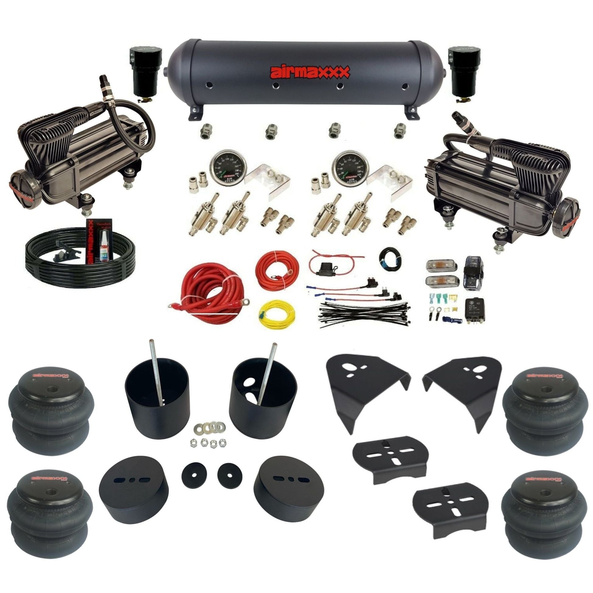 airmaxxx X-series compressors aluminum air tank 2600 bags & brackets manual 3/8 air ride kit fits 1999-06 silverado/sierra KGM99-XB2-59ABK-4TOG2GA2B-WK-HFsilverado