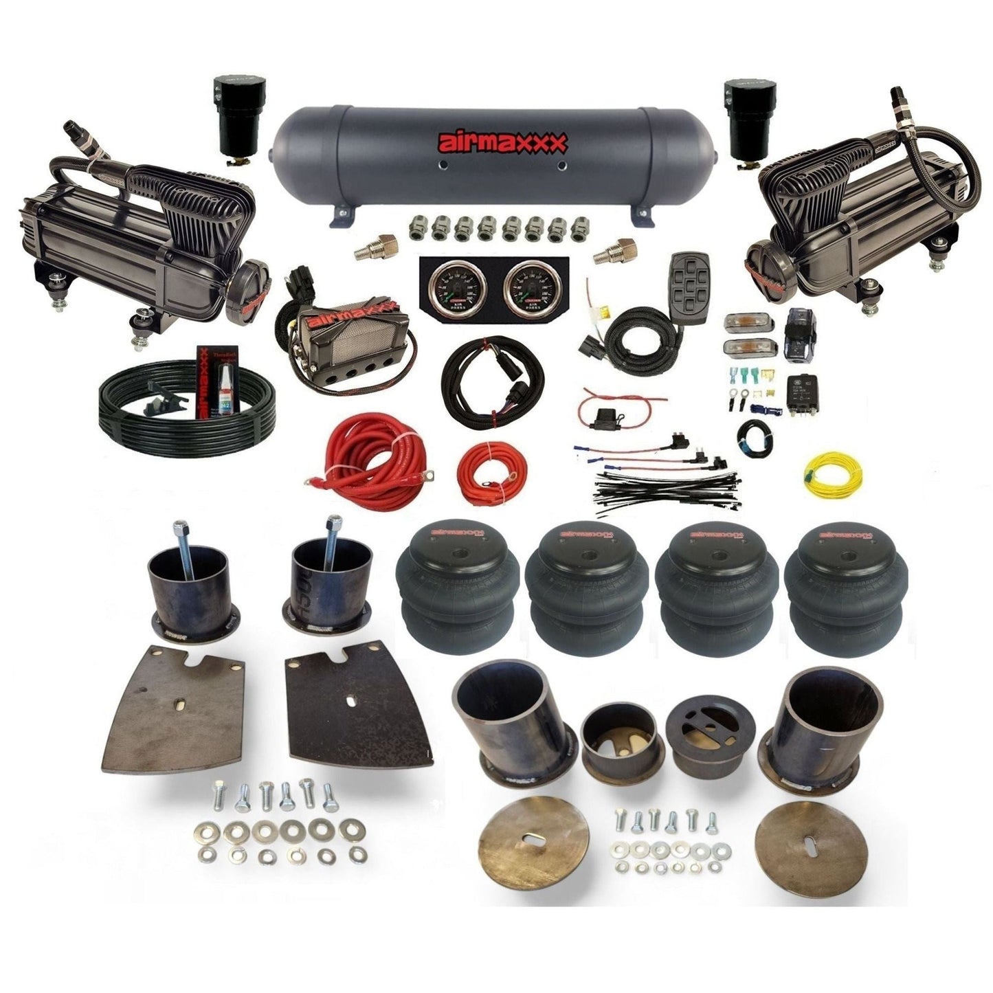 airmaxxx X-series dual compressors with 5 gallon aluminum air tank X4 manifold & 2600 air bags w/brackets KBUI61-XB2-57ABK-X4X7-WK-HF