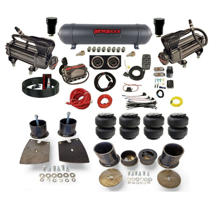airmaxxx X-series dual compressors with 5 gallon aluminum air tank X4 manifold & Air Lift air bags w/brackets KBUI61-XB2-57ABK-X4X7-WK-HFD25