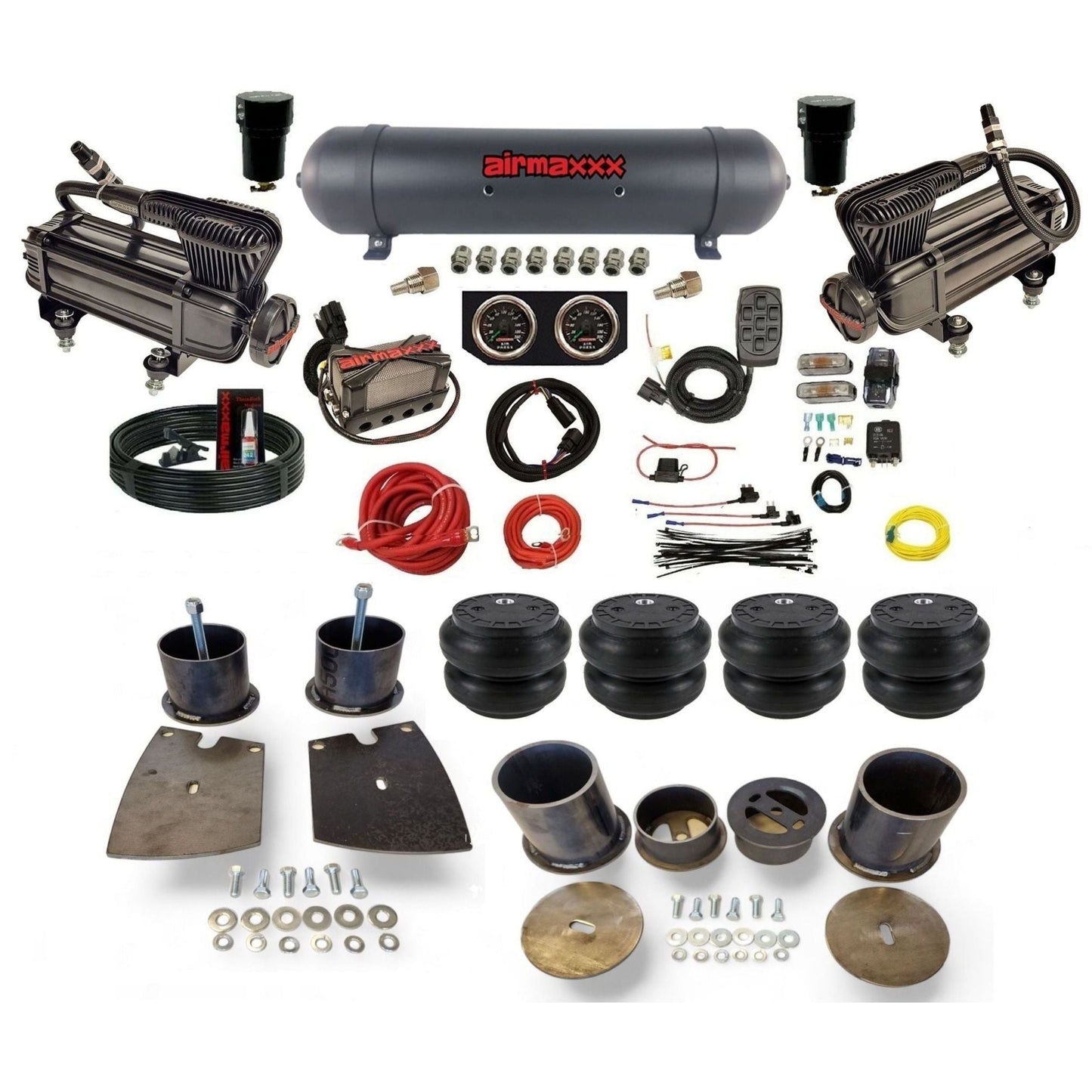 airmaxxx X-series dual compressors with 5 gallon aluminum air tank X4 manifold & Slam air bags w/brackets KBUI61-XB2-57ABK-X4X7-WK-HFSS7