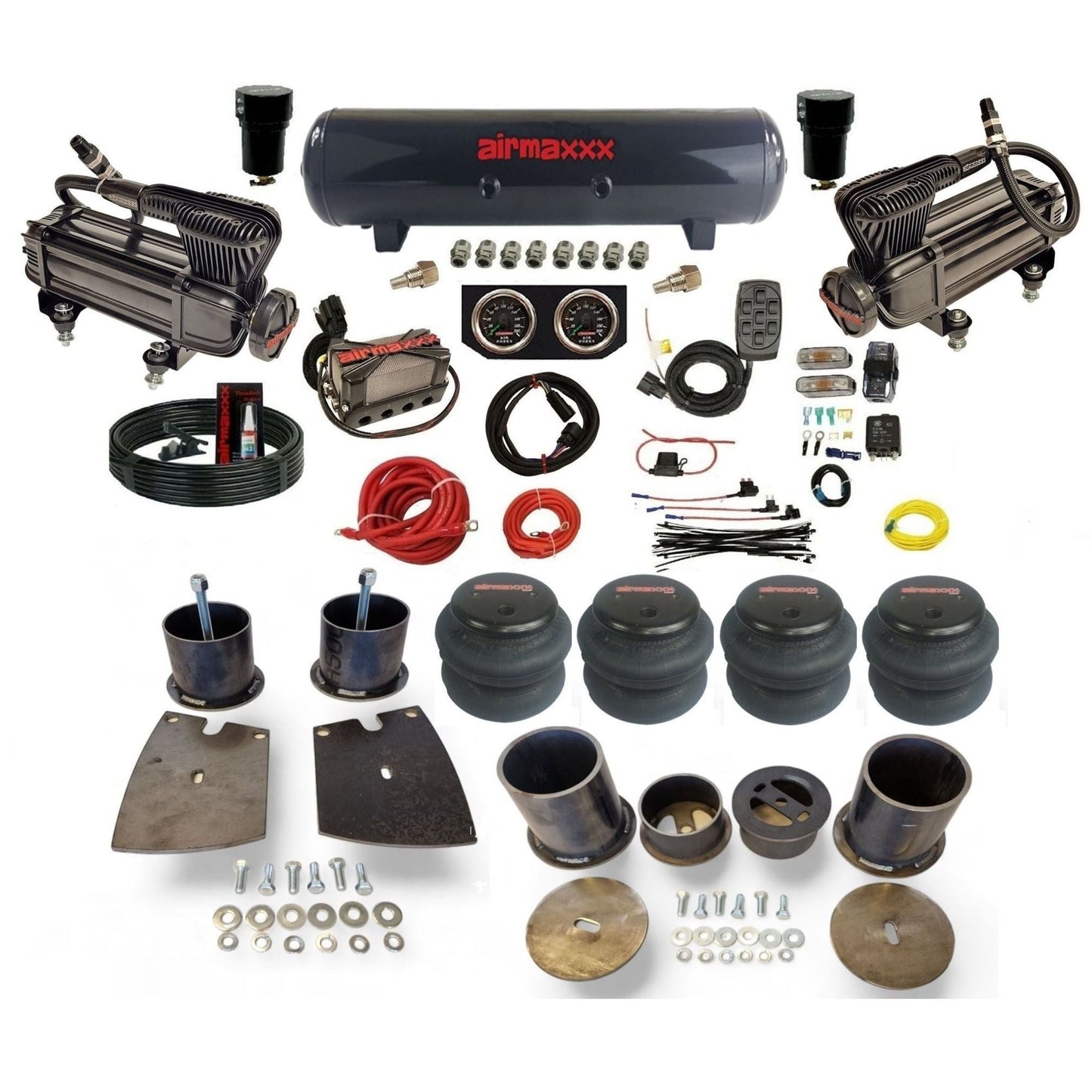 airmaxxx X-series dual compressors with 5 gallon steel air tank X4 manifold & 2600 air bags w/brackets KBUI61-XB2-57S-X4X7-WK-HF