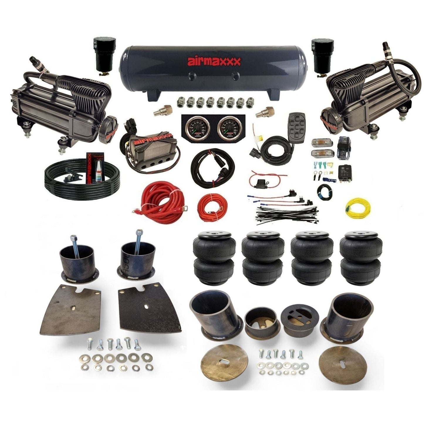 airmaxxx X-series dual compressors with 5 gallon steel air tank X4 manifold & Air Lift air bags w/brackets KBUI61-XB2-57S-X4X7-WK-HFD25