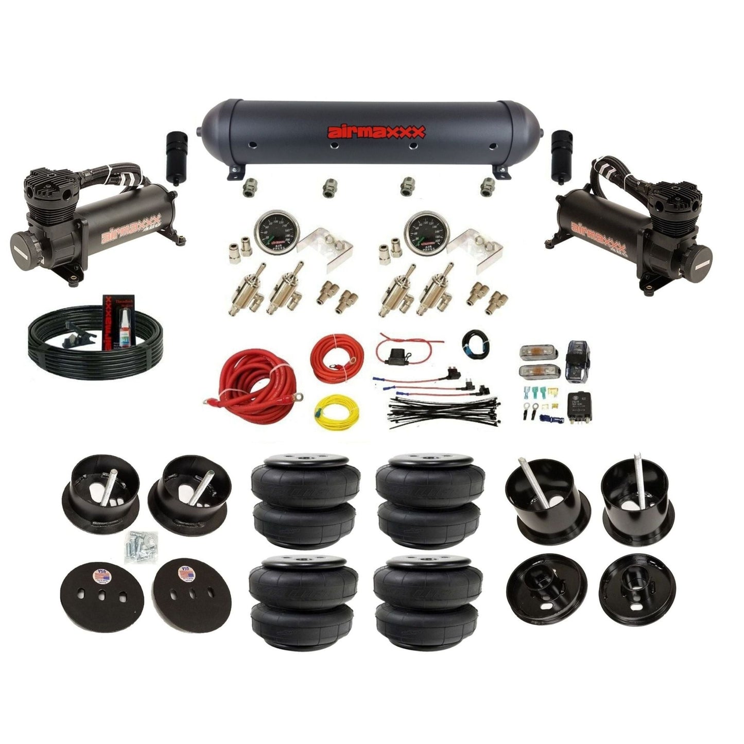 airmaxxx air ride kit 480 black air compressors black aluminum air tank toggle switches and Air Lift bags fits 1961-62 Cadillac K-CAD6162-480B2-59ABK-4TOG2GA2B-WK-HFD25