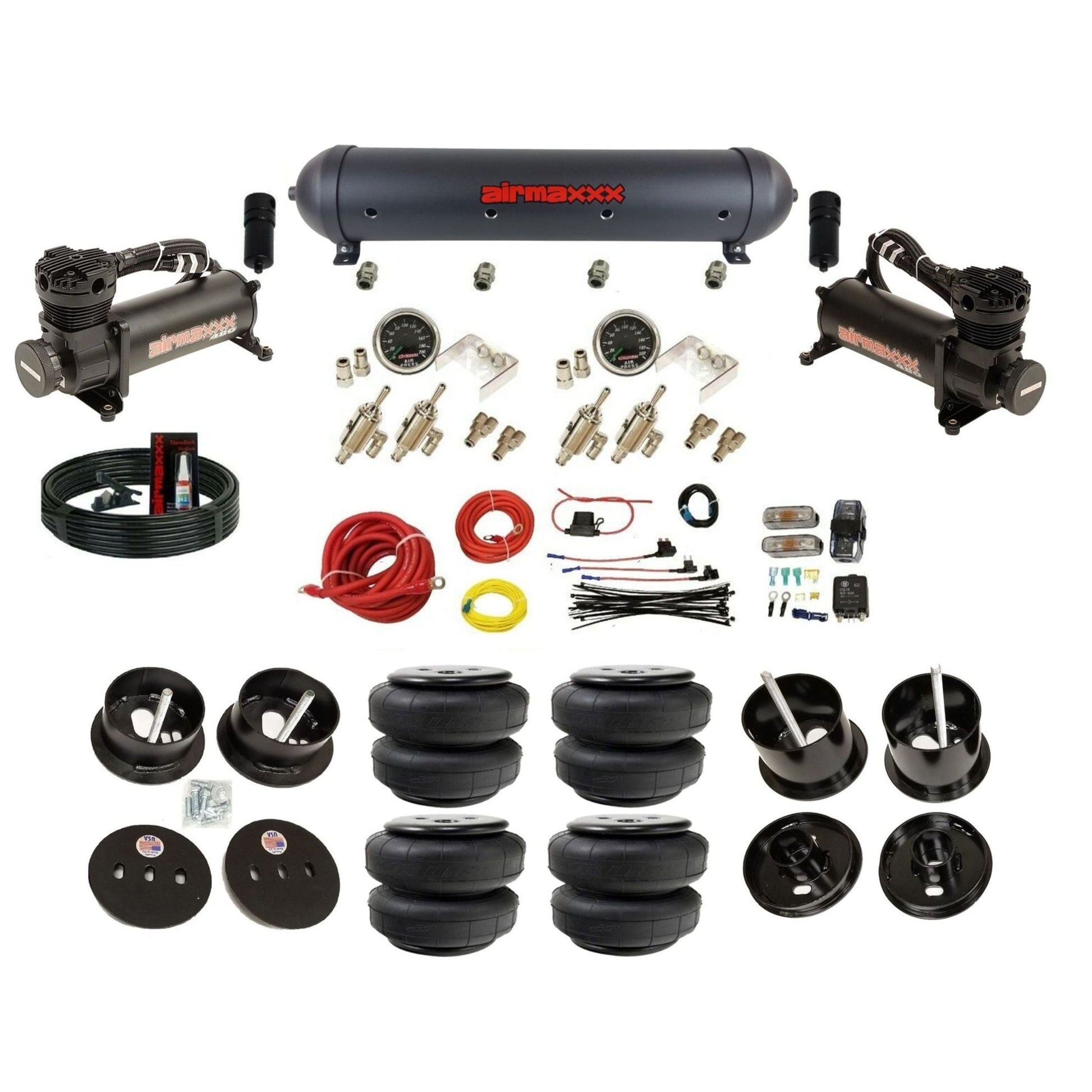 airmaxxx air ride kit 480 black air compressors black aluminum air tank toggle switches and Air Lift bags fits 1961-62 Cadillac K-CAD6162-480B2-59ABK-4TOG2GA2B-WK-HFD25