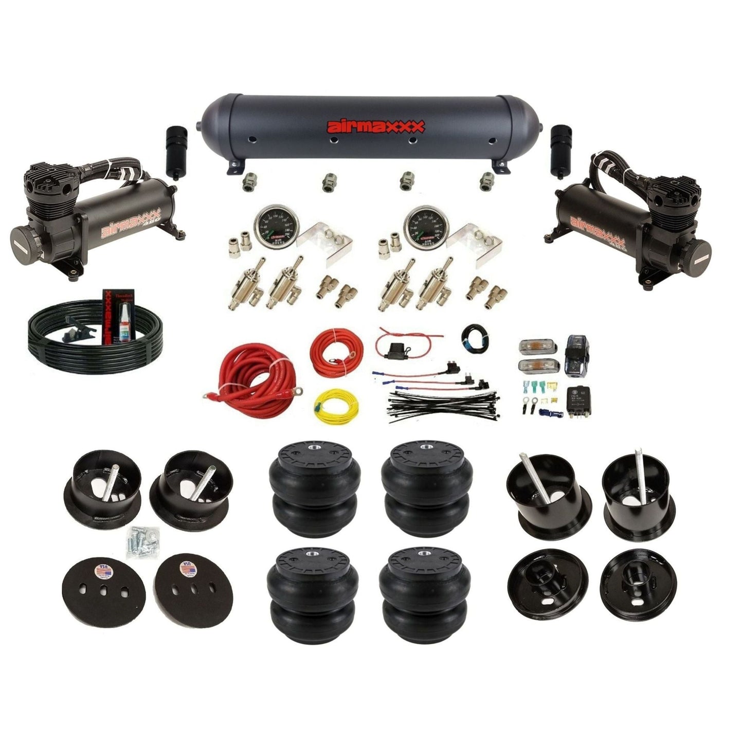 airmaxxx air ride kit 480 black air compressors black aluminum air tank toggle switches and Slam bags fits 1961-62 Cadillac K-CAD6162-480B2-59ABK-4TOG2GA2B-WK-HFSS7