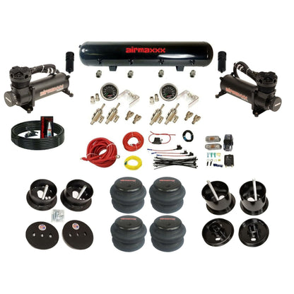 airmaxxx air ride kit 480 black air compressors steel black air tank toggle switches and 2600 bags fits 1961-62 Cadillac K-CAD6162-480B2-59S-4TOG2GA2B-WK-HF