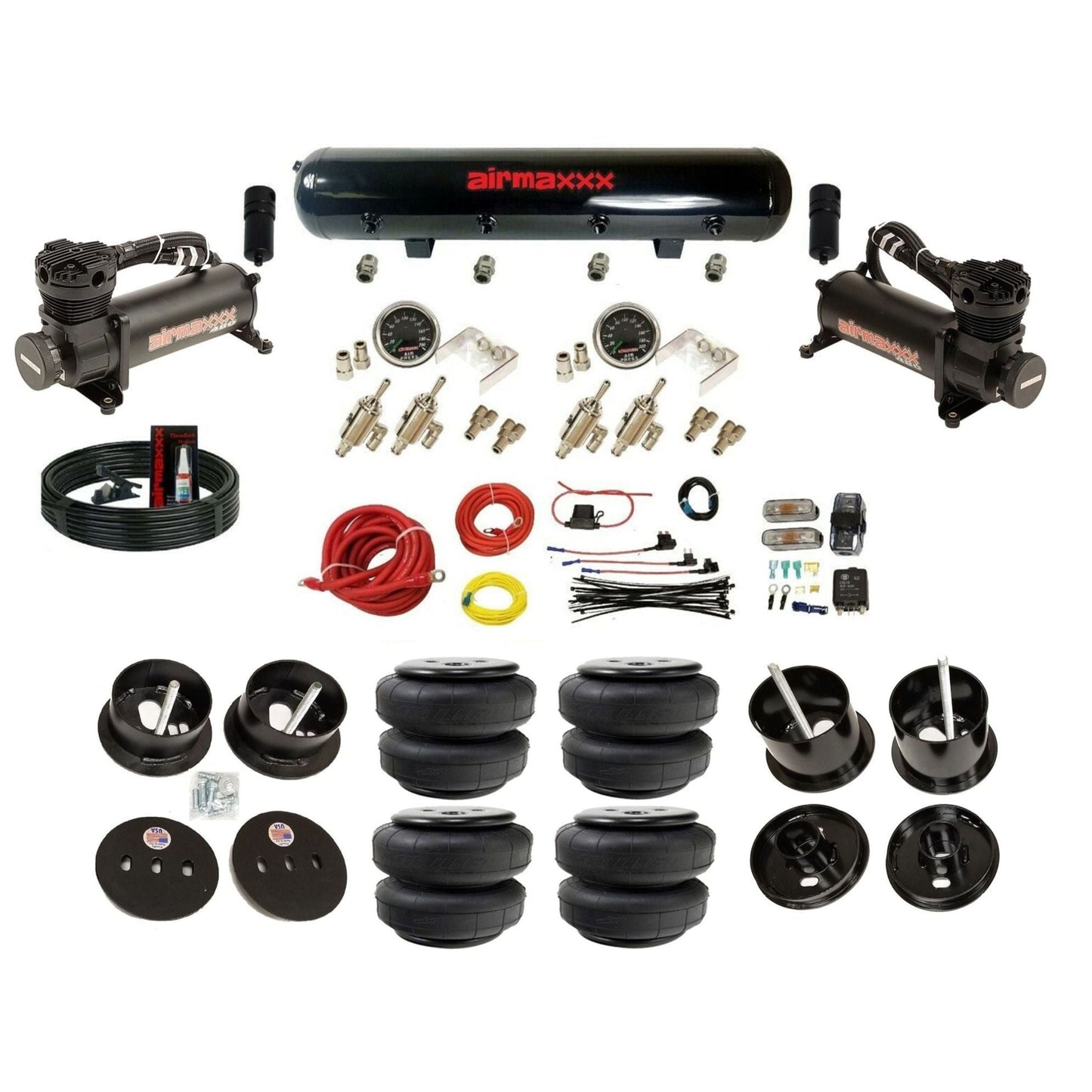airmaxxx air ride kit 480 black air compressors steel black air tank toggle switches and air lift bags fits 1961-62 Cadillac K-CAD6162-480B2-59S-4TOG2GA2B-WK-HFD25