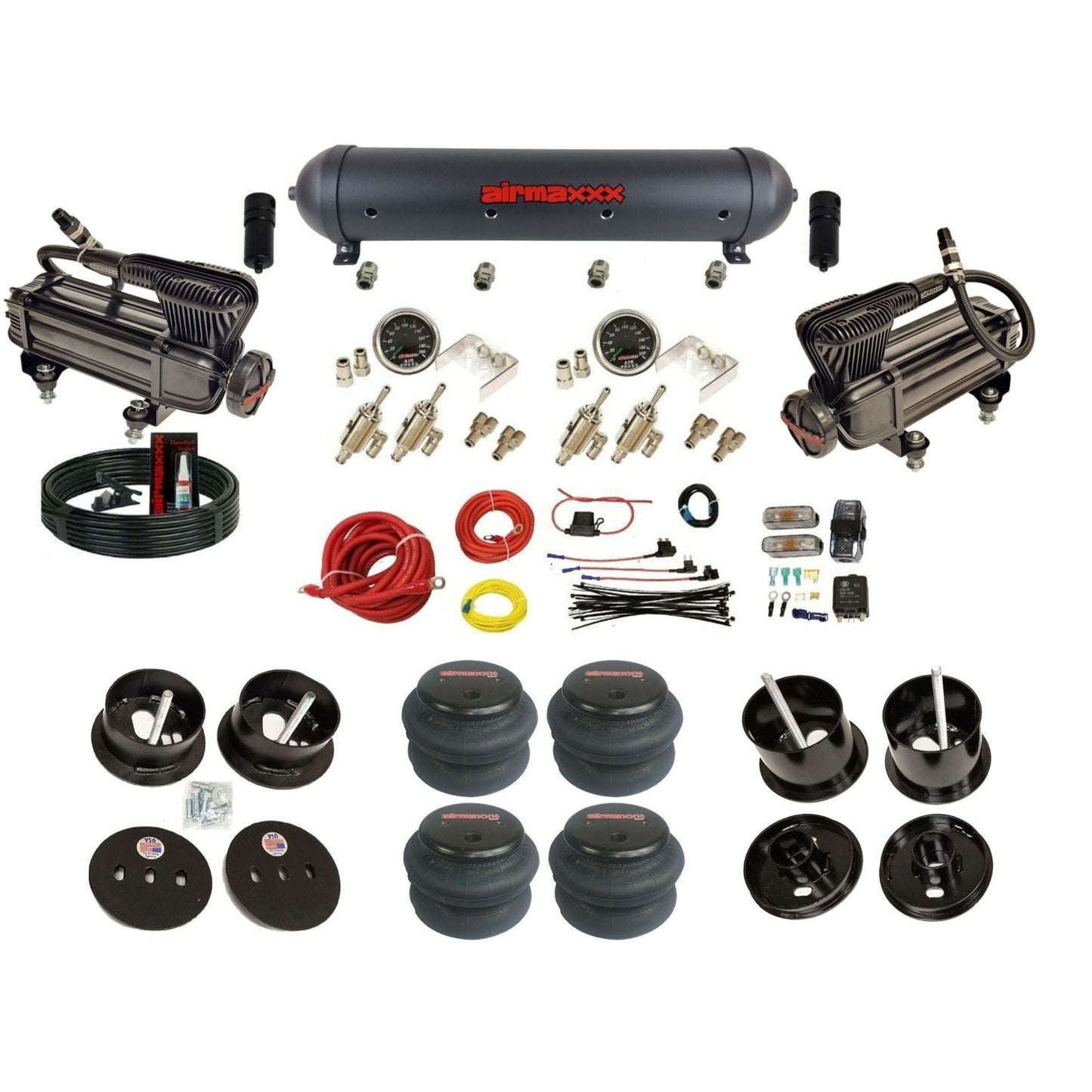 airmaxxx air ride kit X-series black air compressors black aluminum air tank toggle switches and 2600 bags fits 1961-62 Cadillac K-CAD6162-XB2-59ABK-4TOG2GA2B-WK-HF