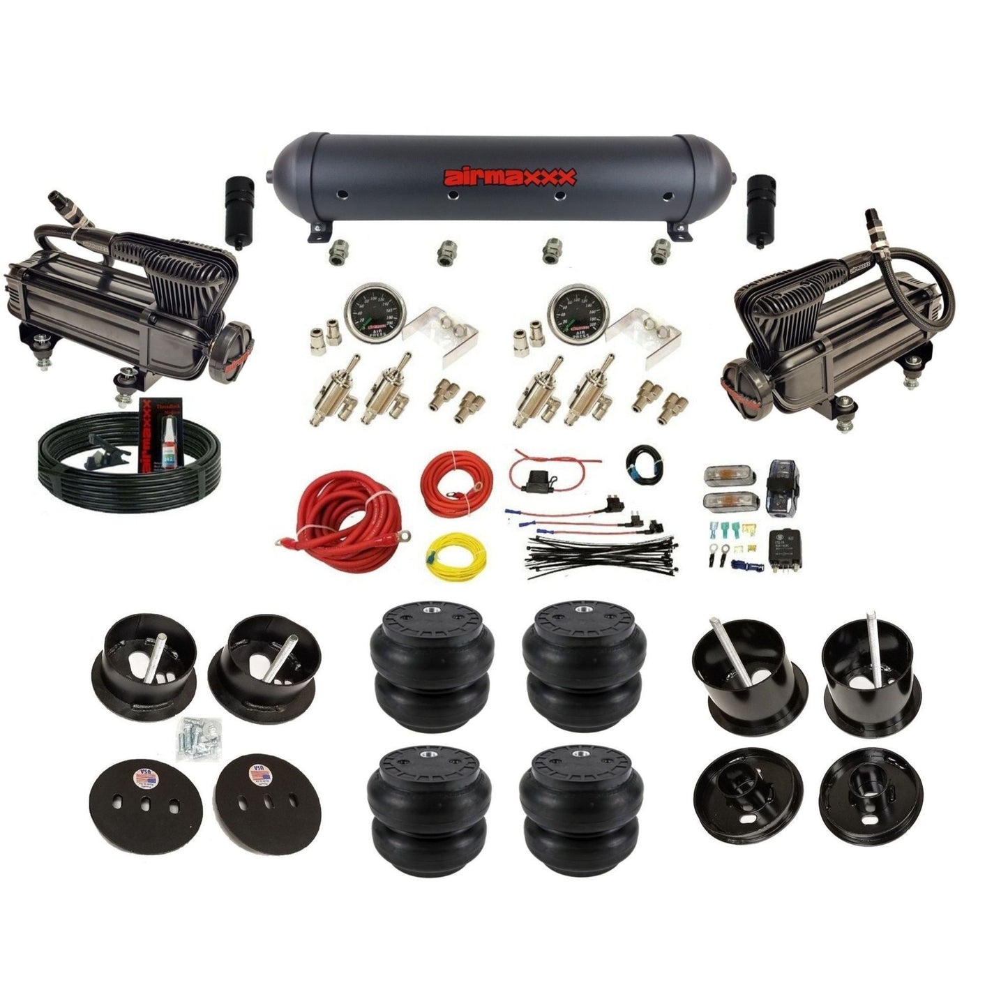 airmaxxx air ride kit X-series black air compressors black aluminum air tank toggle switches and Slam bags fits 1961-62 Cadillac K-CAD6162-XB2-59ABK-4TOG2GA2B-WK-HFSS7