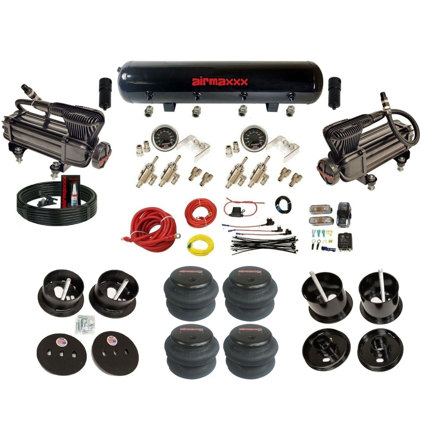 airmaxxx air ride kit X-series black air compressors black steel air tank toggle switches and 2600 bags fits 1961-62 Cadillac K-CAD6162-XB2-59S-4TOG2GA2B-WK