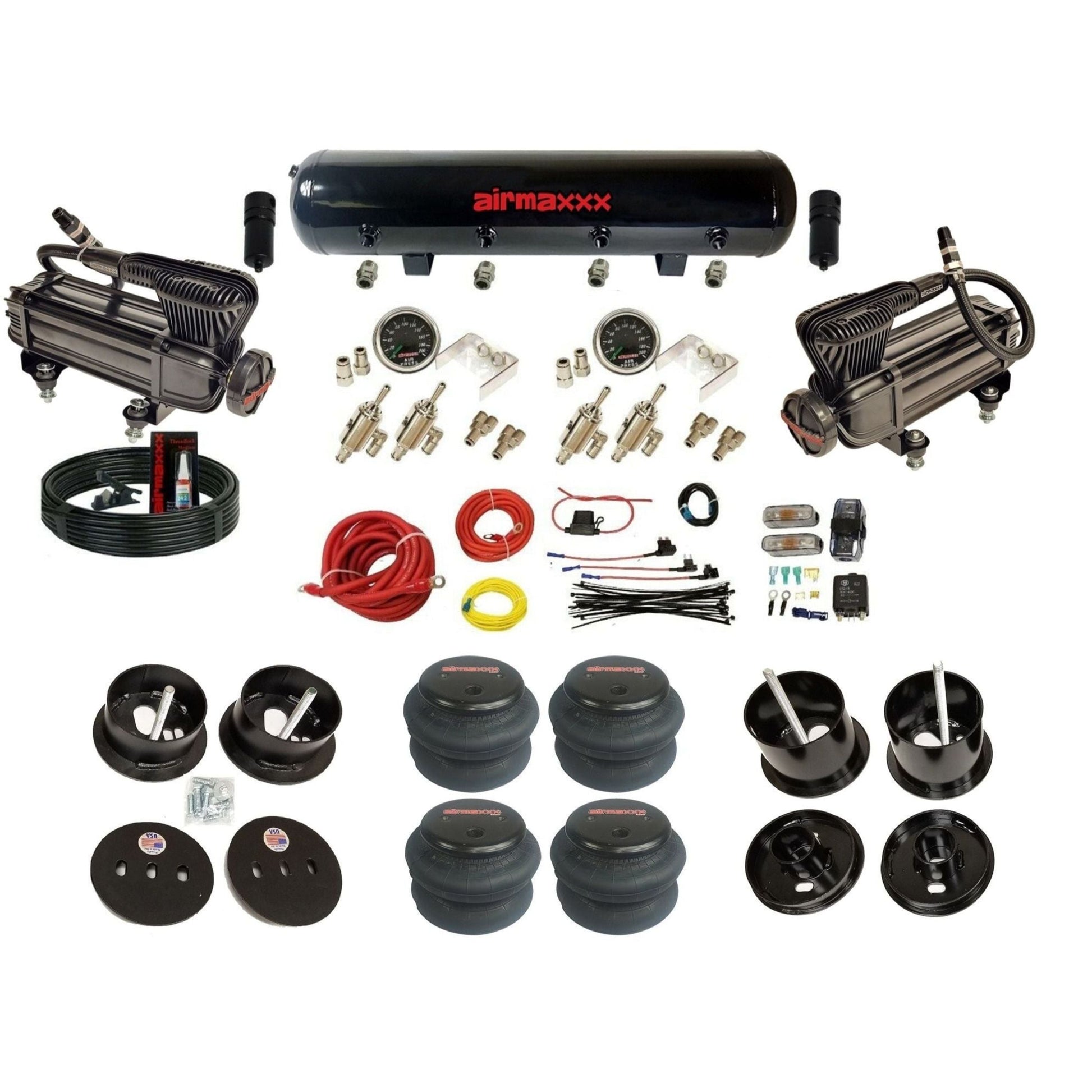 airmaxxx air ride kit X-series black air compressors black steel air tank toggle switches and 2600 bags fits 1961-62 Cadillac K-CAD6162-XB2-59S-4TOG2GA2B-WK