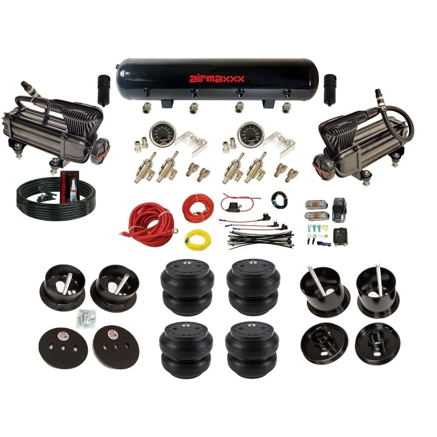 airmaxxx air ride kit X-series black air compressors black steel air tank toggle switches and Slam bags fits 1961-62 Cadillac K-CAD6162-XB2-59S-4TOG2GA2B-WK-HFSS7
