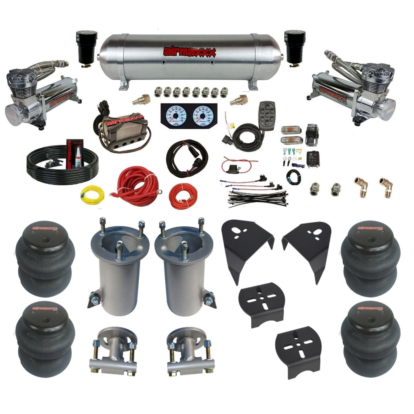 airmaxxx air ride kit w/480 chrome compressors raw aluminum air tank X4 manifold and 2600 bags & brackets KGM07-480C2-57ARW-X4X7-WK-HF