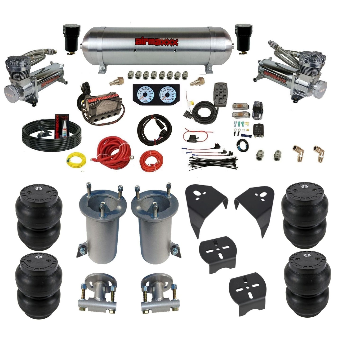 airmaxxx air ride kit w/480 chrome compressors raw aluminum air tank X4 manifold and Slam bags & brackets KGM07-480C2-57ARW-X4X7-WK-HFSS7