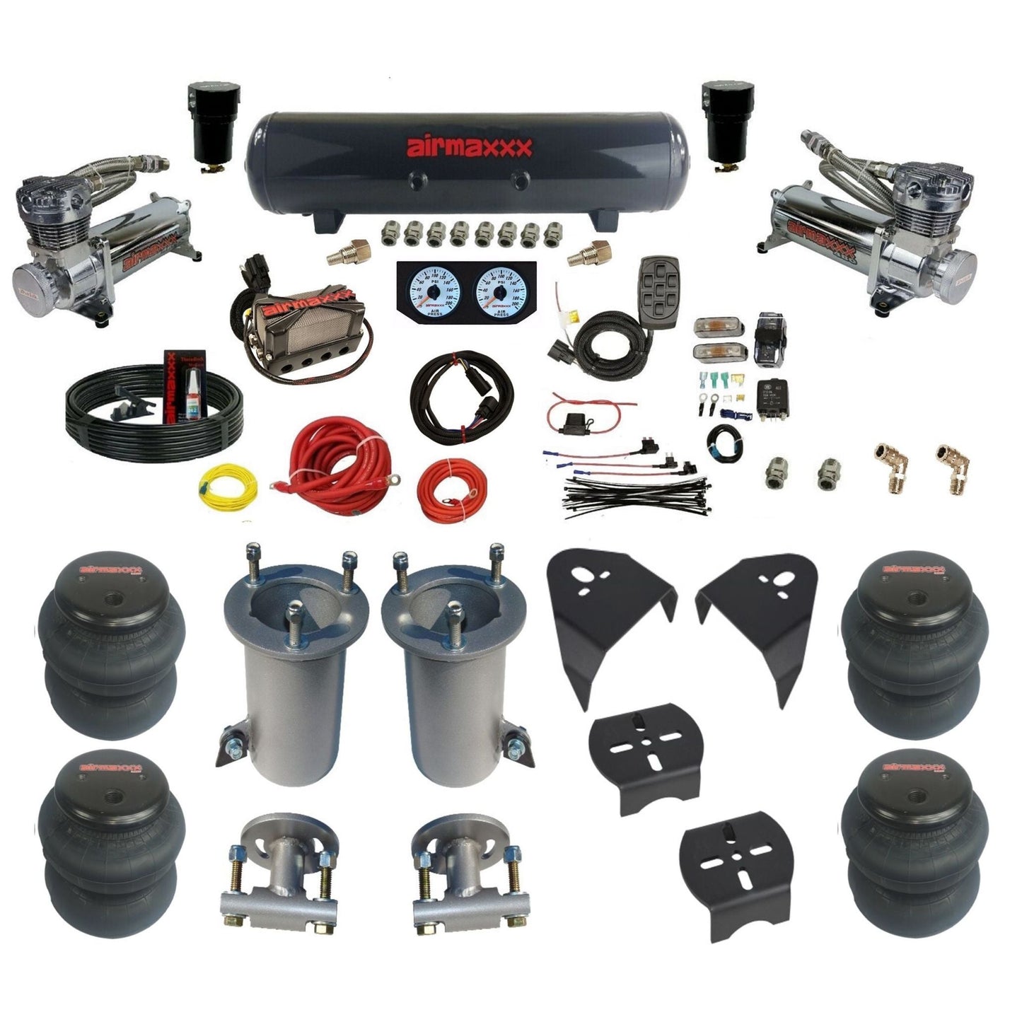 airmaxxx air ride kit w/480 chrome compressors steel air tank X4 manifold and 2600 bags & brackets KGM07-480C2-57S-X4X7-WK-HF