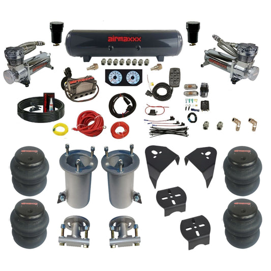 airmaxxx air ride kit w/480 chrome compressors steel air tank X4 manifold and 2600 bags & brackets KGM07-480C2-57S-X4X7-WK-HF