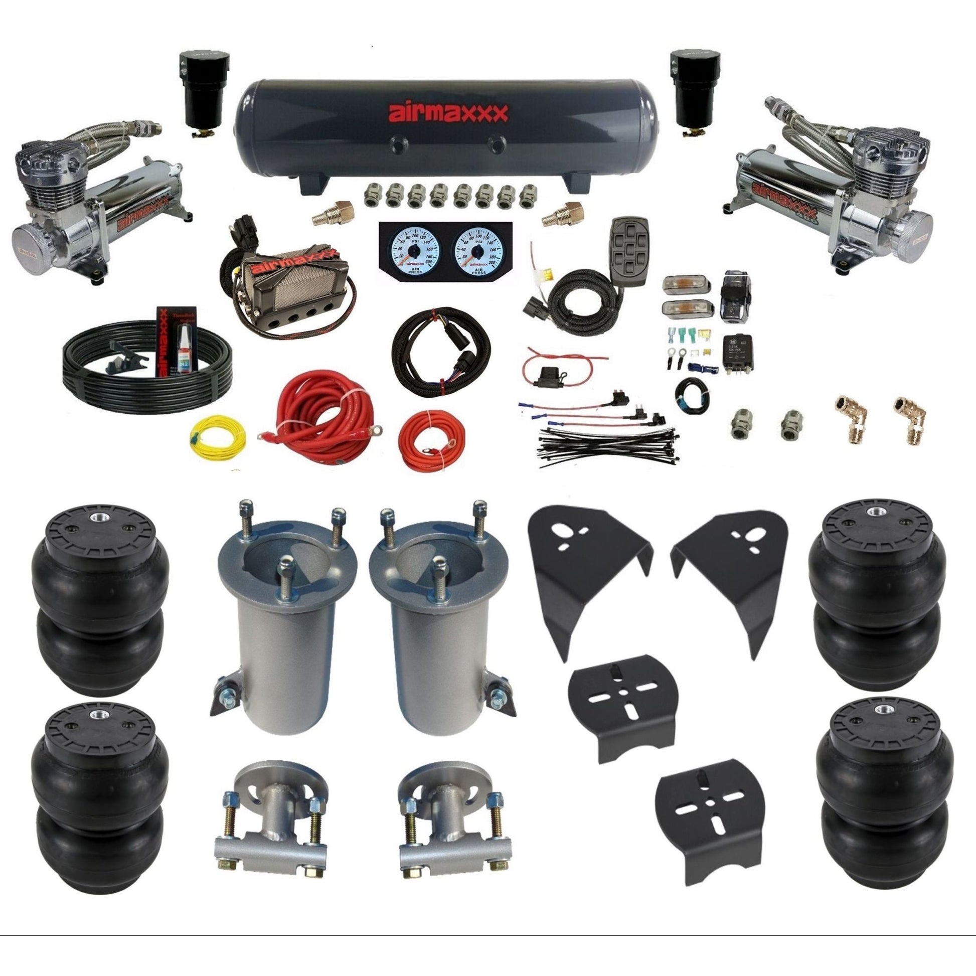 airmaxxx air ride kit w/480 chrome compressors steel air tank X4 manifold and Slam bags & brackets KGM07-480C2-57S-X4X7-WK-HFSS7