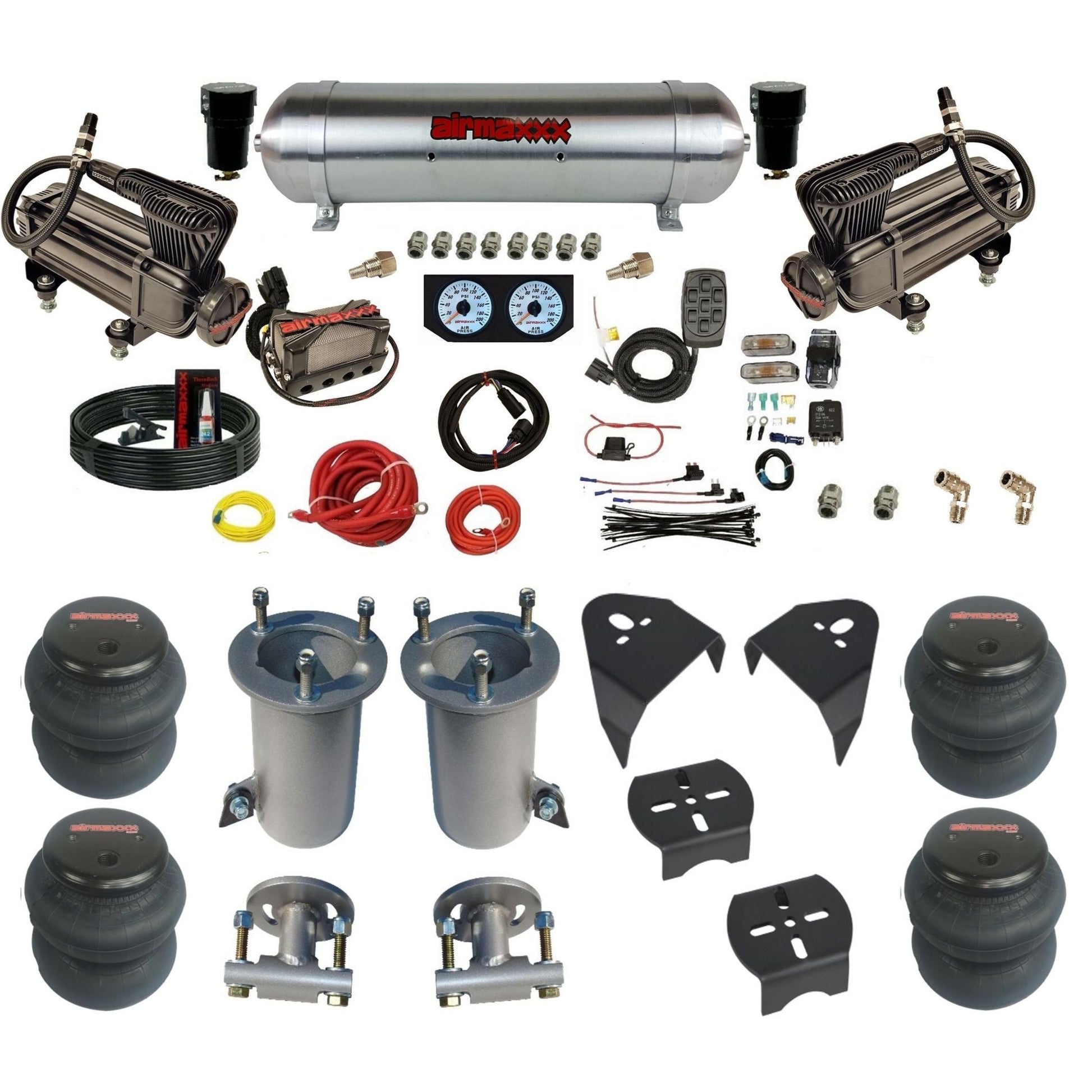 airmaxxx air ride kit w/X-series compressors raw aluminum air tank X4 manifold and 2600 bags & brackets KGM07-XB2-57ARW-X4X7-WK-HF