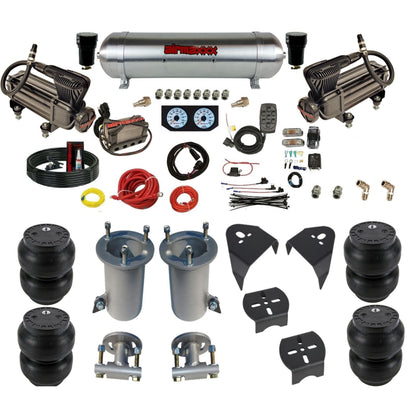 airmaxxx air ride kit w/X-series compressors raw aluminum air tank X4 manifold and Slam bags & brackets KGM07-XB2-57ARW-X4X7-WK-HFSS7