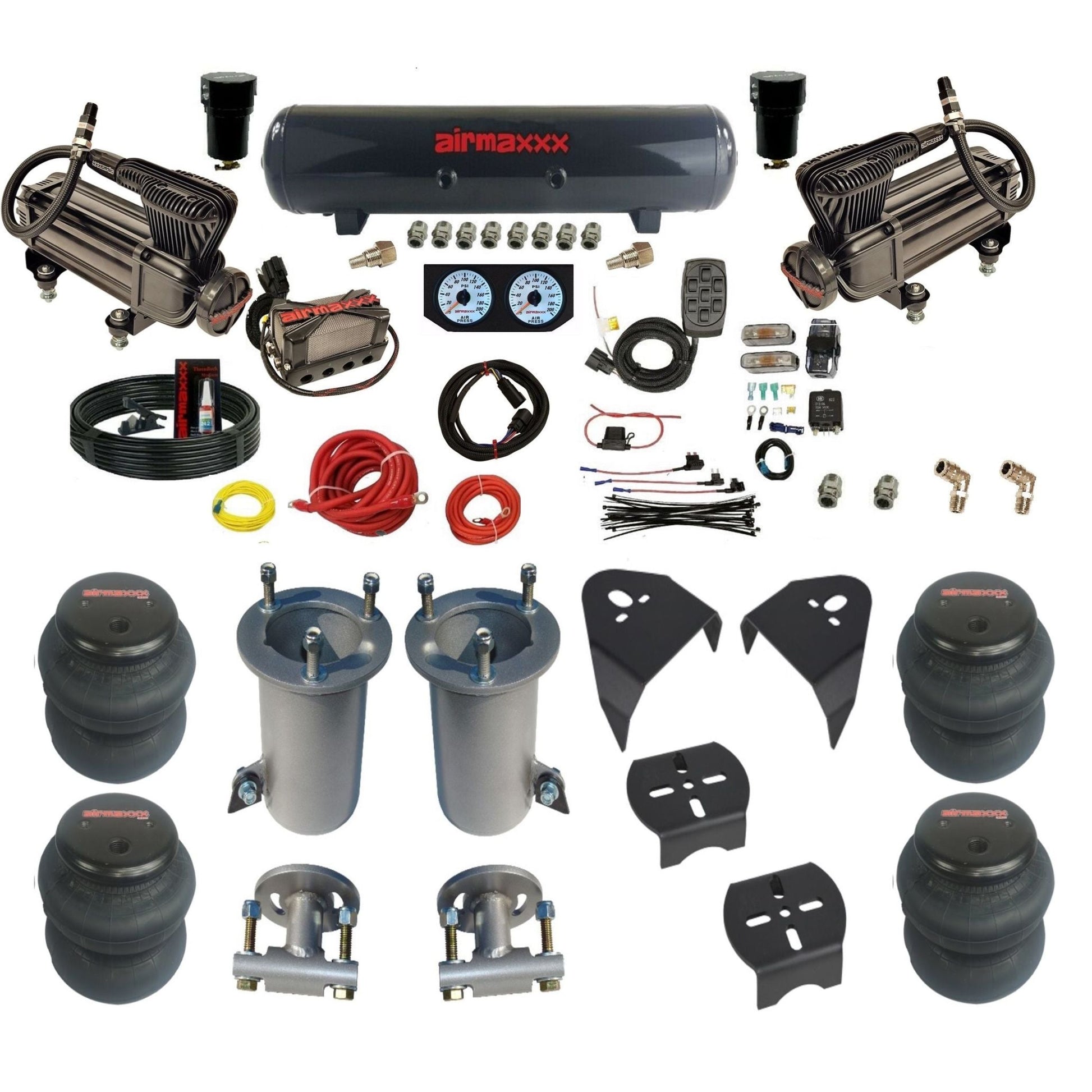 airmaxxx air ride kit w/X-series compressors steel air tank X4 manifold and 2600 bags & brackets KGM07-XB2-57S-X4X7-WK-HF