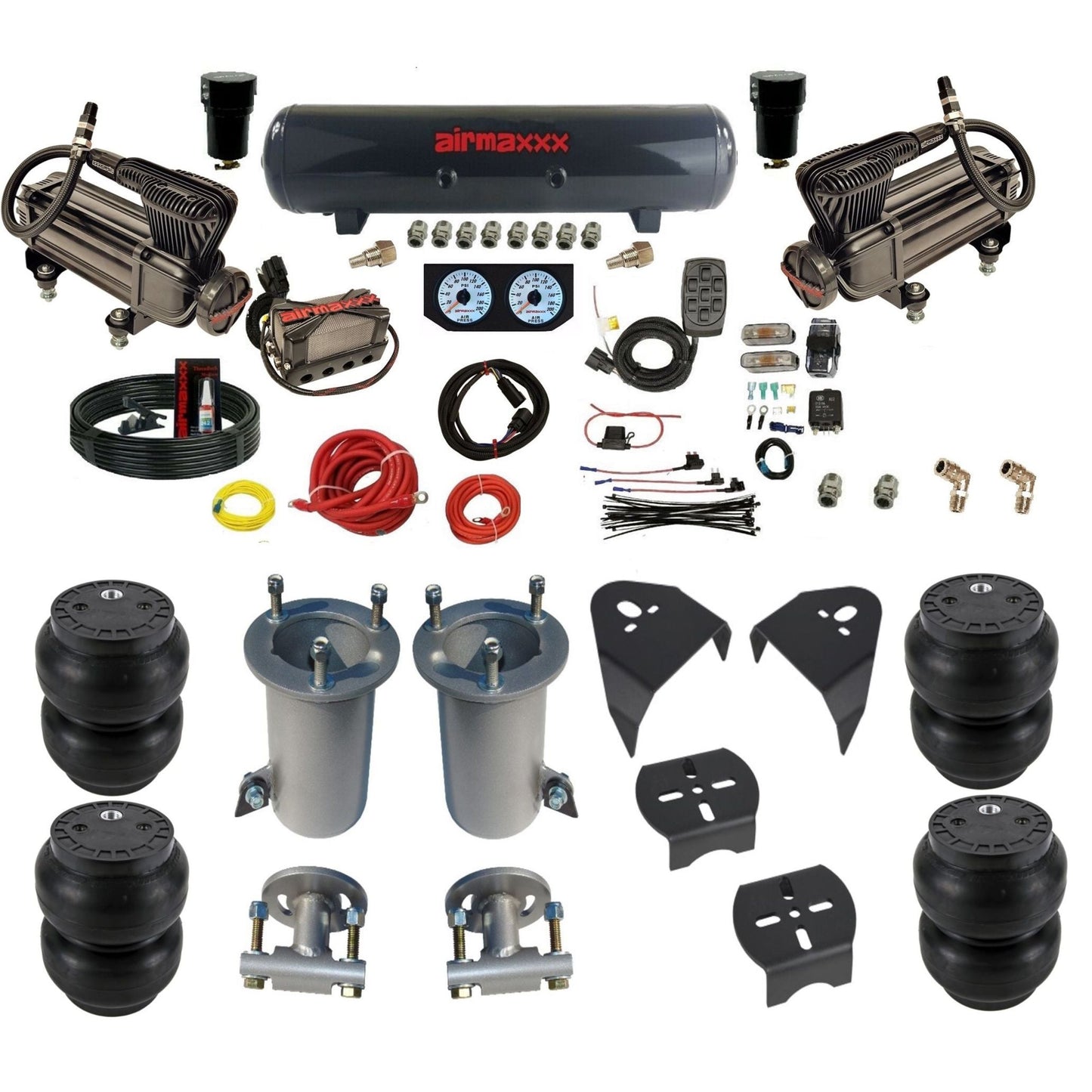 airmaxxx air ride kit w/X-series compressors steel air tank X4 manifold and Slam bags & brackets KGM07-XB2-57S-X4X7-WK-HFSS7