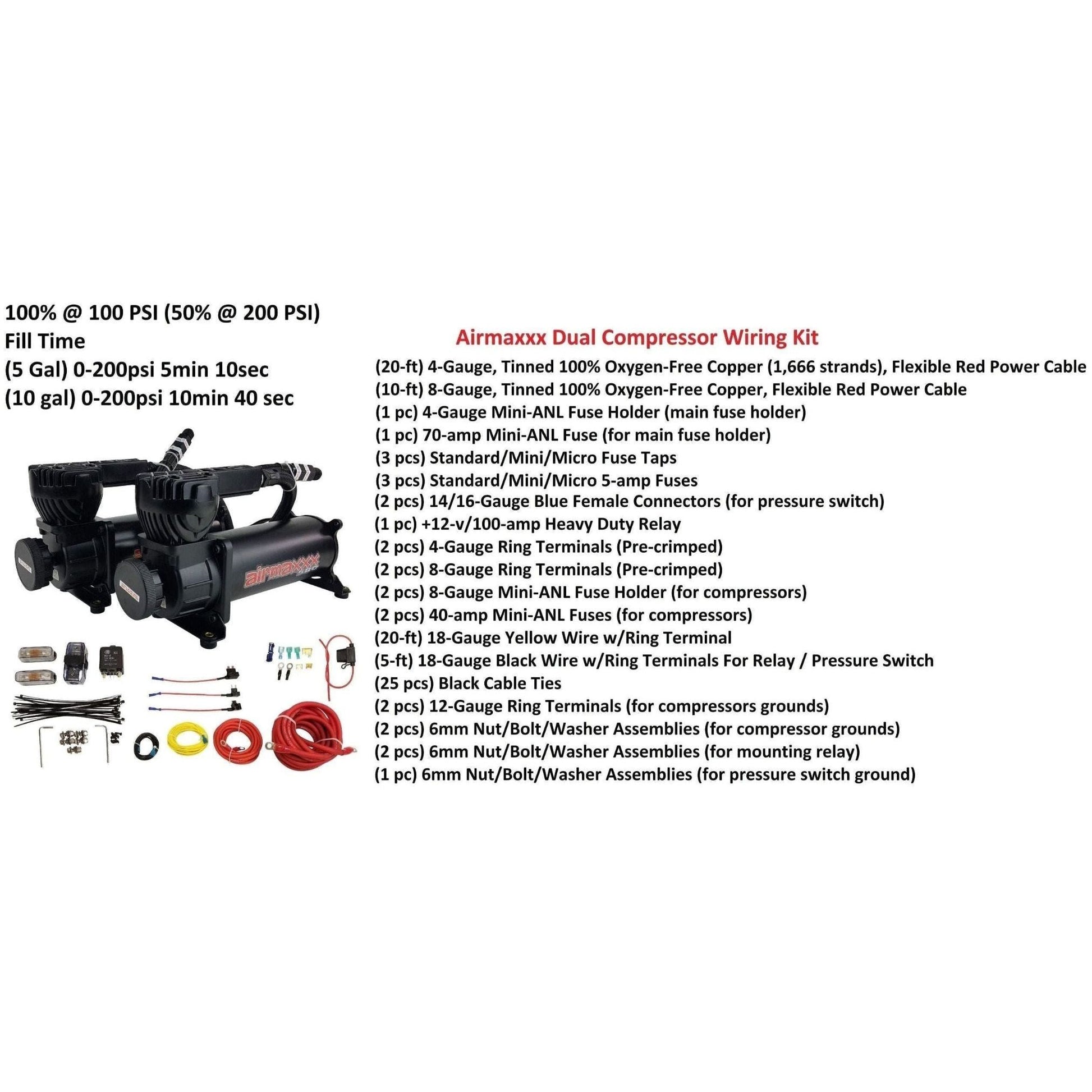 airmaxxx air ride kit w/dual pack air compressors & wiring included in kit