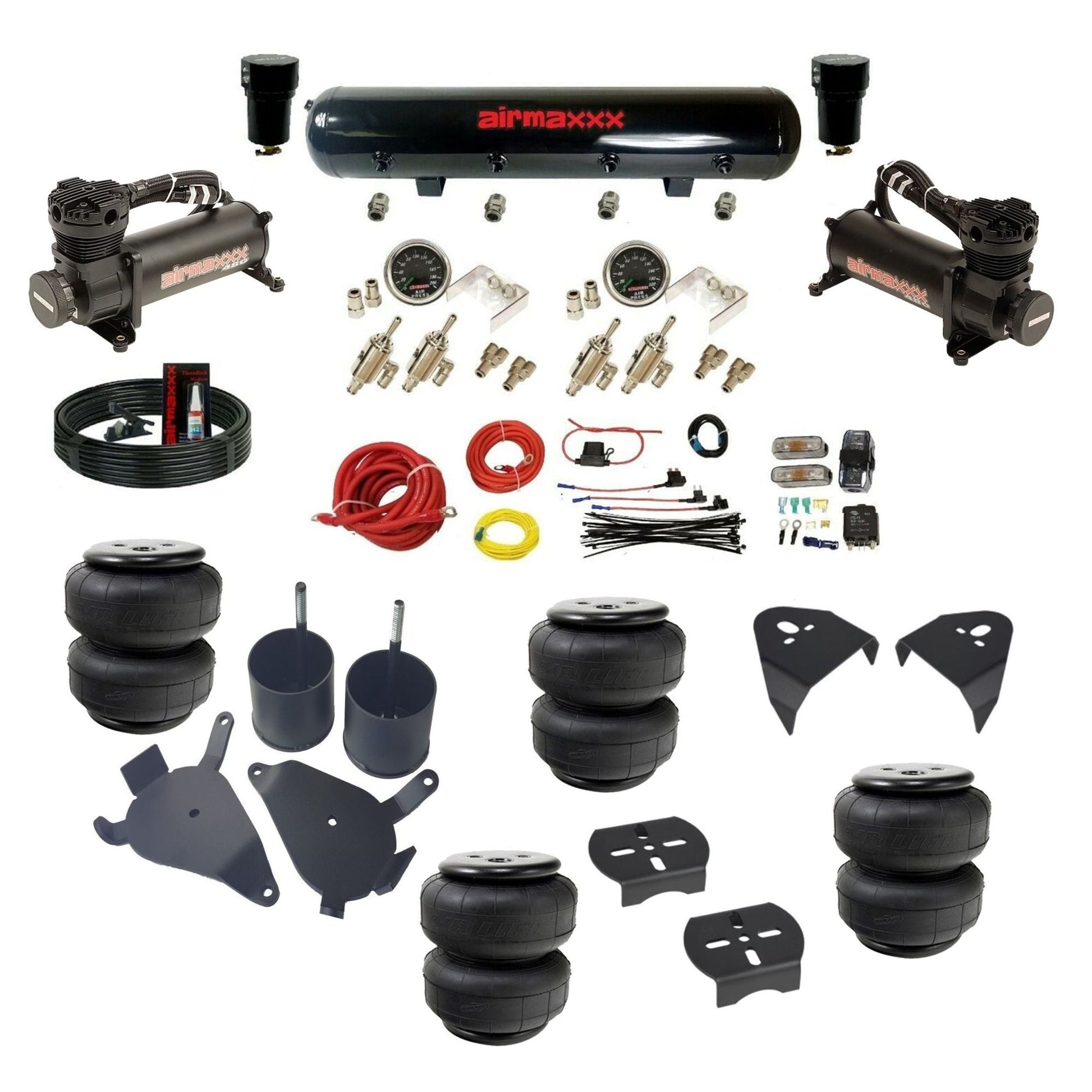 airmaxxx air ride suspension kits black 480 air compressors steel tank with Air Lift bags & brackets fits S10 2WD KS10-480B2-59S-4TOG2GA2B-WK-HFD25
