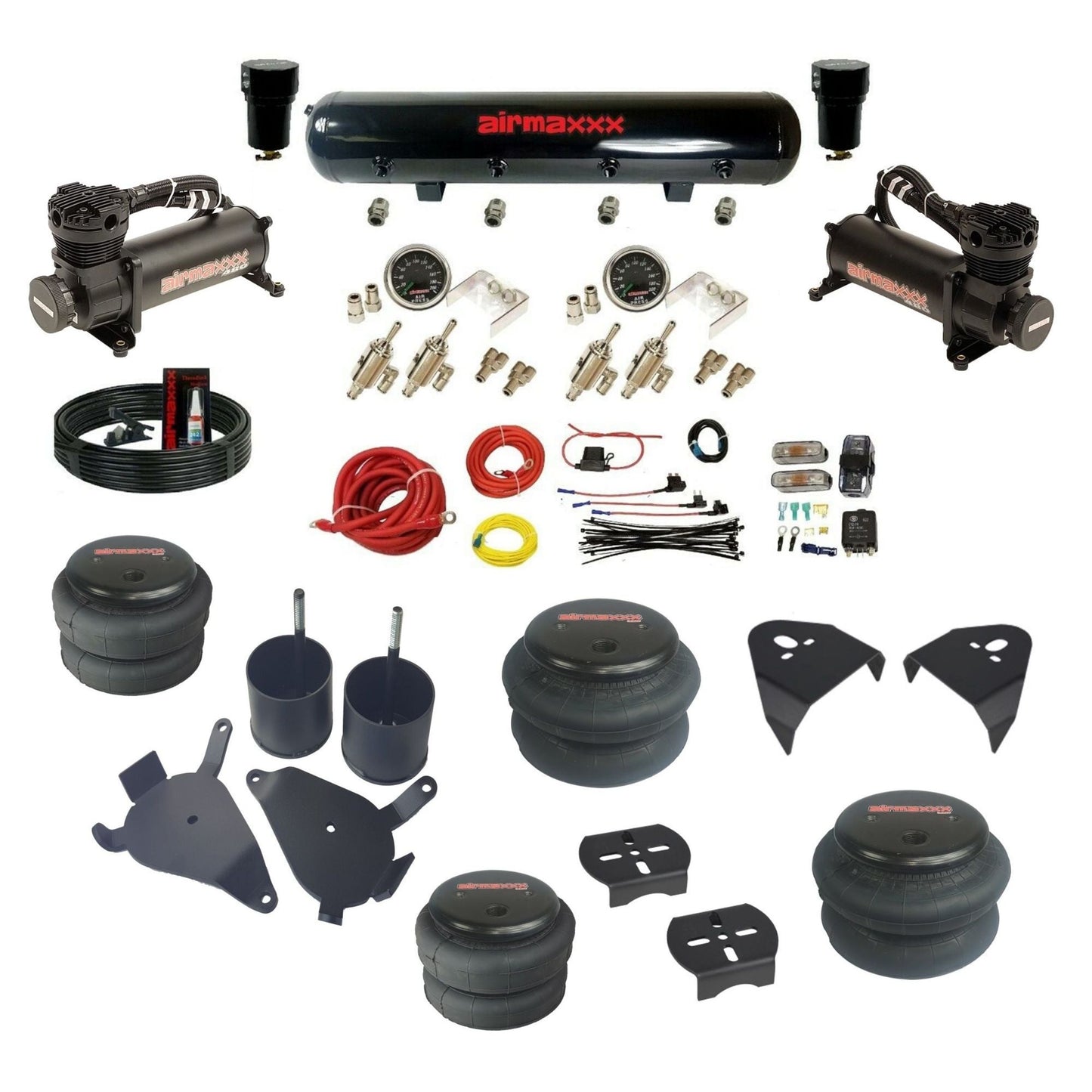 airmaxxx air ride suspension kits black 480 air compressors steel tank with bags & brackets fits S10 2WD KS10-480B2-59S-4TOG2GA2B-WK-HF