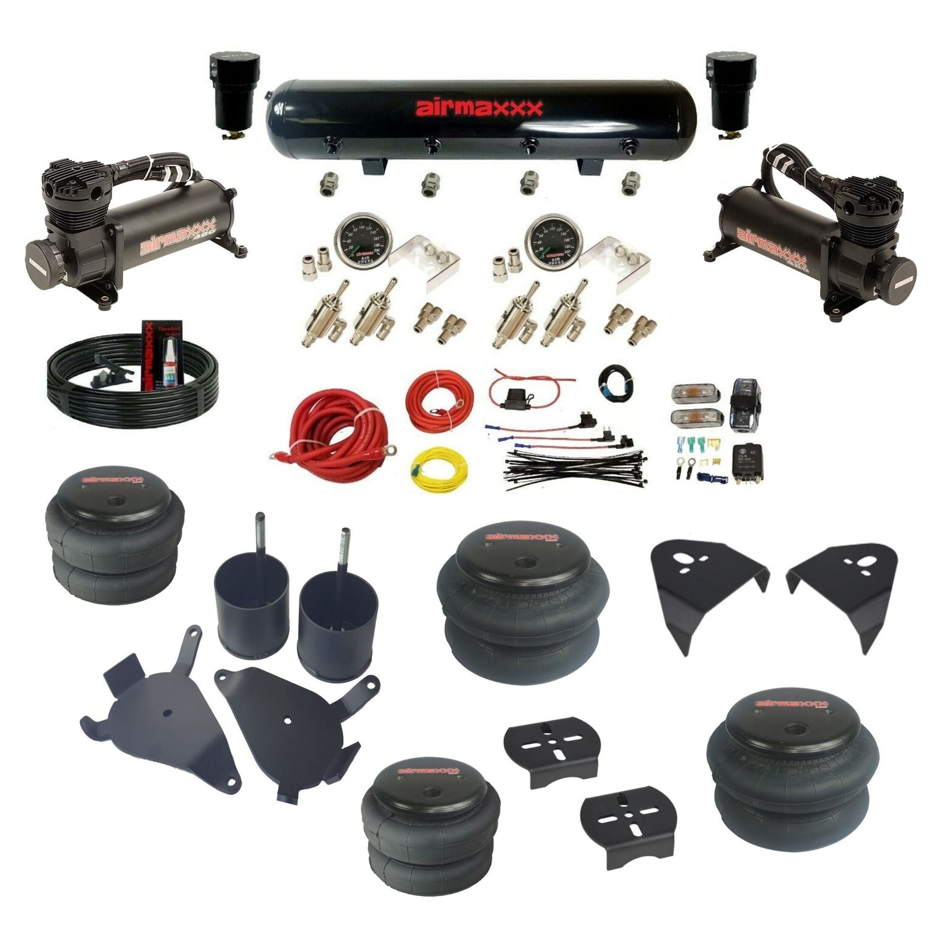 airmaxxx air ride suspension kits black 480 air compressors steel tank with bags & brackets fits S10 2WD KS10-480B2-59S-4TOG2GA2B-WK-HF