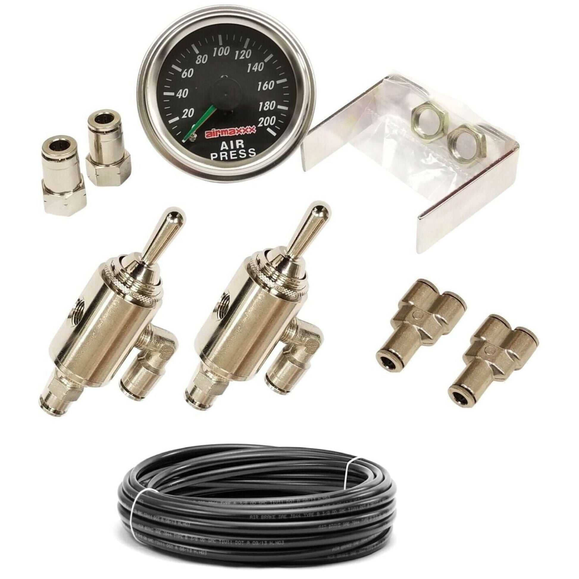 airmaxxx air ride suspension parts black air gauge with 2 toggle switch line and fittings
