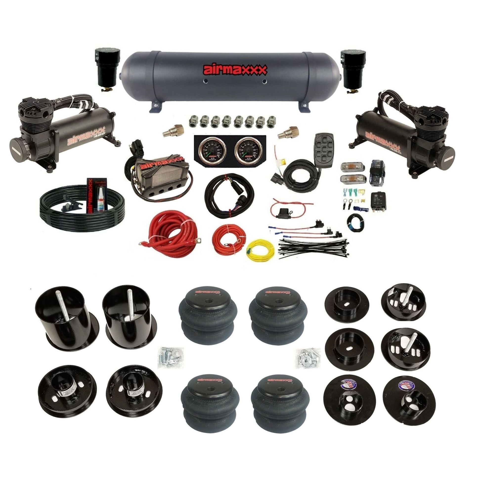 airmaxxx air suspension kit 480 Black aluminum air tank and 2600 with brackets and install kit Fits 1965-70 cadillac KCAD65-480B2-57ABK-X4X7-WK-HF