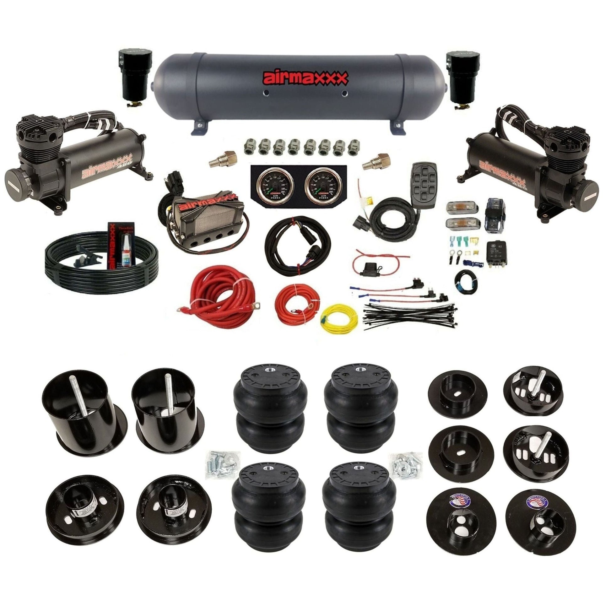 airmaxxx air suspension kit 480 Black aluminum air tank and Slam with brackets and install kit Fits 1965-70 cadillac KCAD65-480B2-57ABK-X4X7-WK-HFSS7