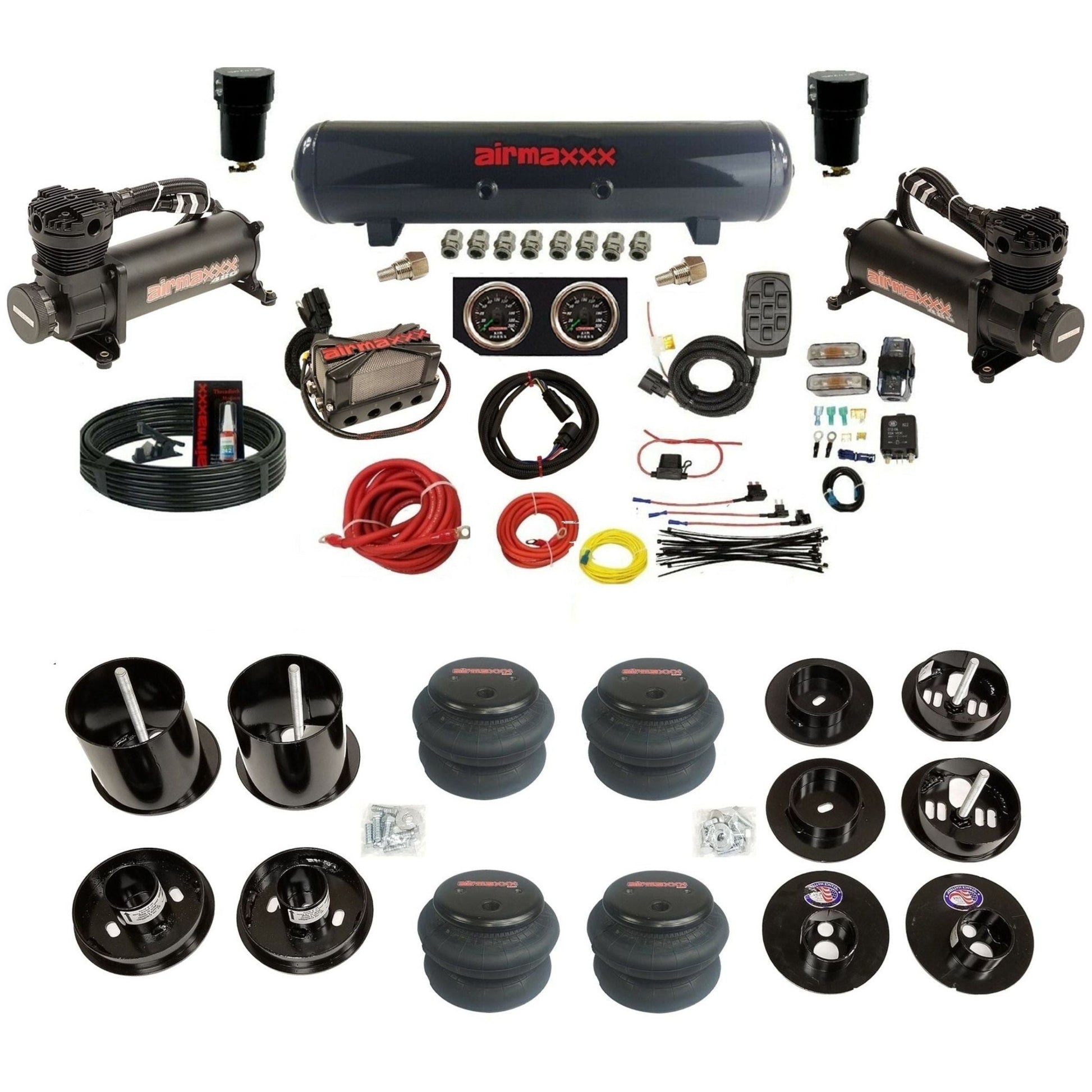 airmaxxx air suspension kit 480 Black steel air tank and 2600 bags with brackets and install kit Fits 1965-70 cadillac KCAD65-480B2-57S-X4X7-WK-HF