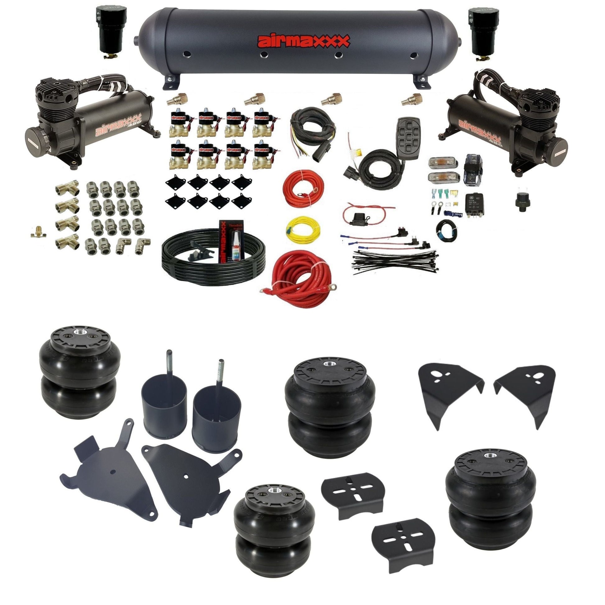 airmaxxx air suspension kit with 480 black compressors 5 gallon steel tank Slam bags and brackets fits chevy s10/S15/Sonoma KS10-480B2-838-59ABK-7BK-WK-HFSS6SS7