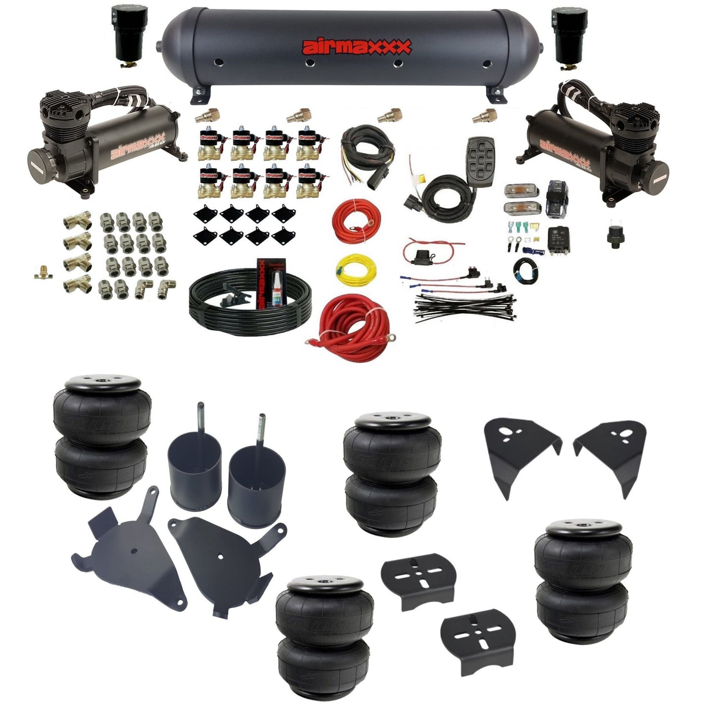 airmaxxx air suspension kit with 480 black compressors 5 gallon steel tank air lift bags and brackets fits chevy s10/S15/Sonoma KS10-480B2-838-59ABK-7BK-WK-HFD25